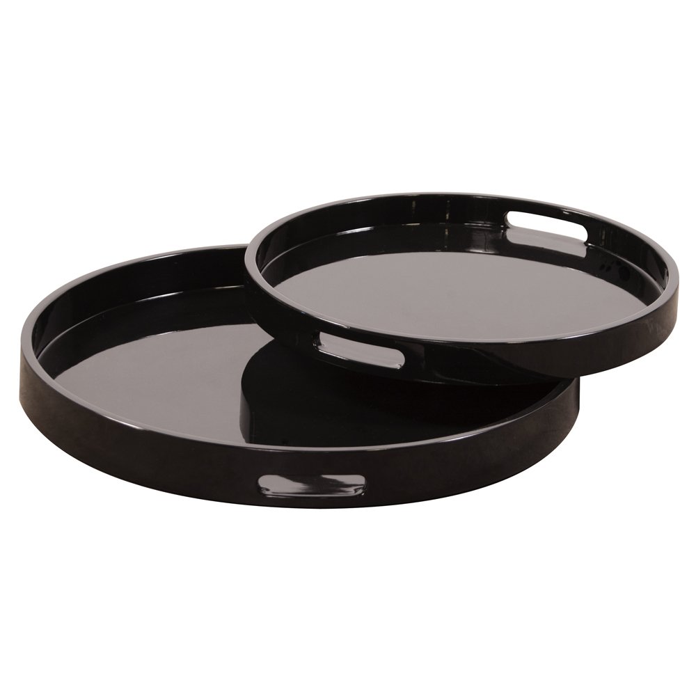 Howard Elliott Lacquer Round Decorative Wood Serving Tray Set - 2-Piece Glossy Black Wooden Trays for Coffee Table, Breakfast in Bed, or Party Serving - Elegant Home Decor & Gift Idea