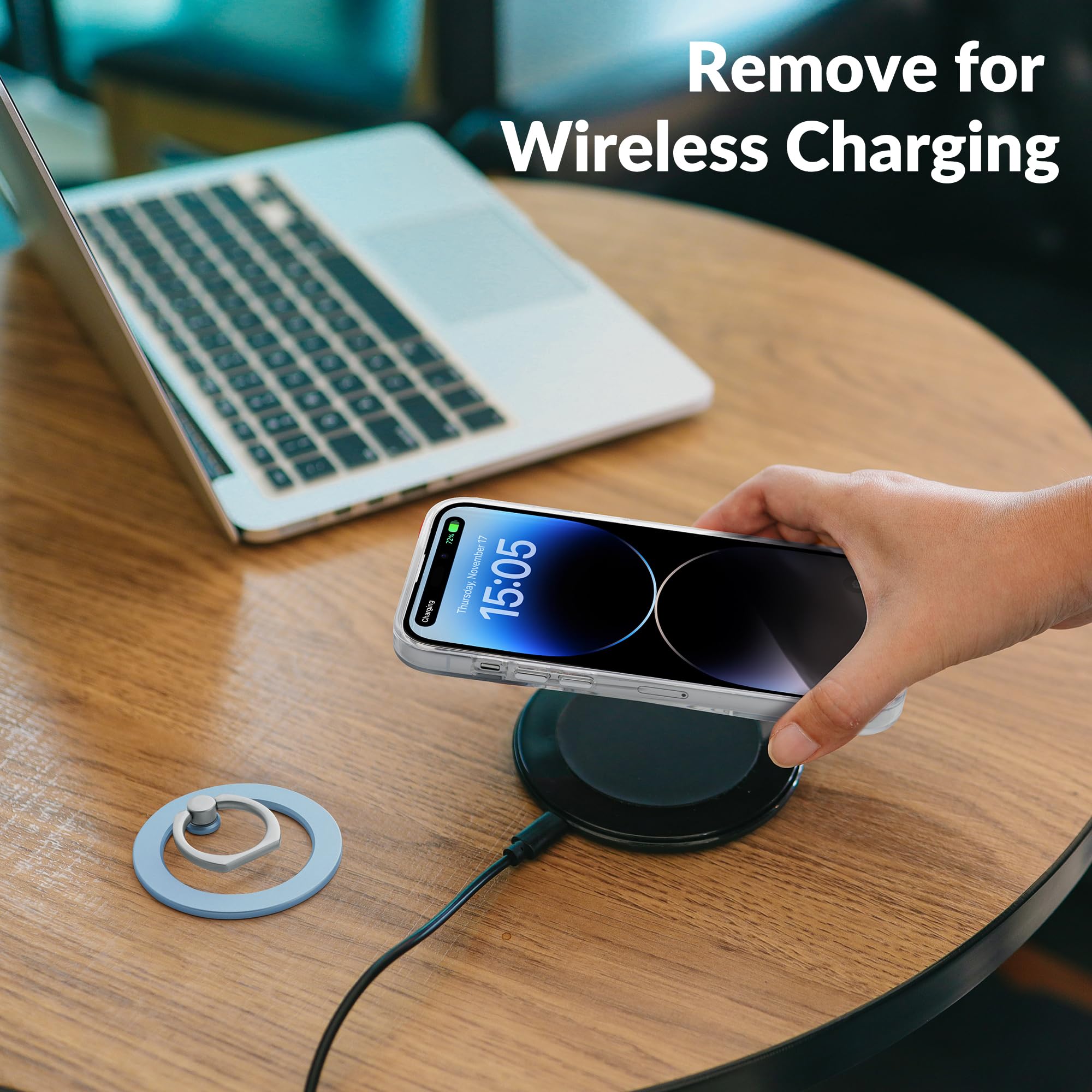 Metisinno Magnetic Phone Ring Holder for iPhone 16/15/14/13/12 - Magsafe Compatible Phone Grip with Adjustable Finger Ring - Wireless Charging Friendly - Sky Blue - Perfect for One-Hand Use, Gym, Driving & Daily Activities