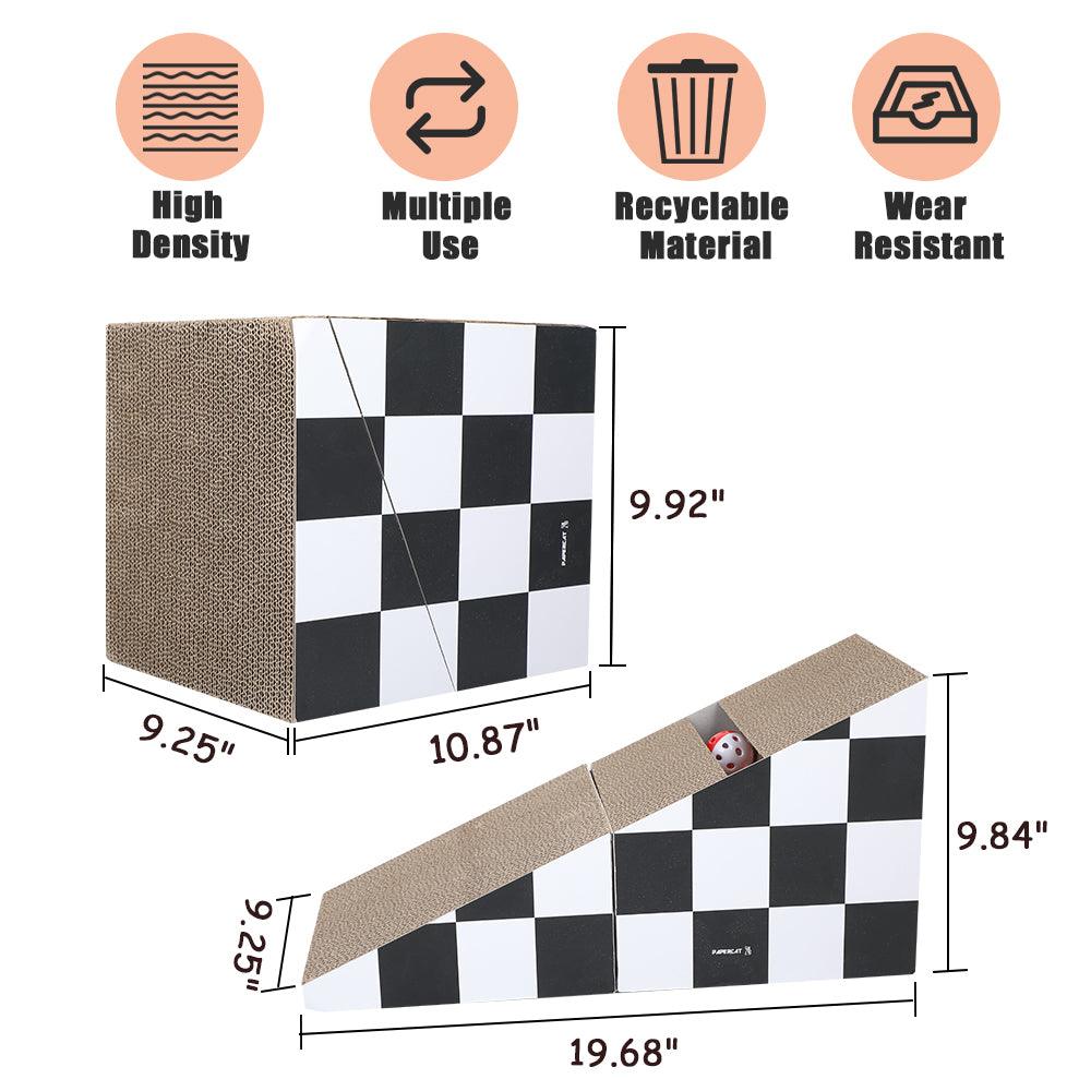 Durable Cat Scratching Board with Ball - 2-in-1 Triangle Cardboard Scratcher & Lounge Bed for Cats - Multiple Scratching Angles, Recyclable Furniture Protector (Black & White) - Perfect for Indoor Play & Sofa Protection
