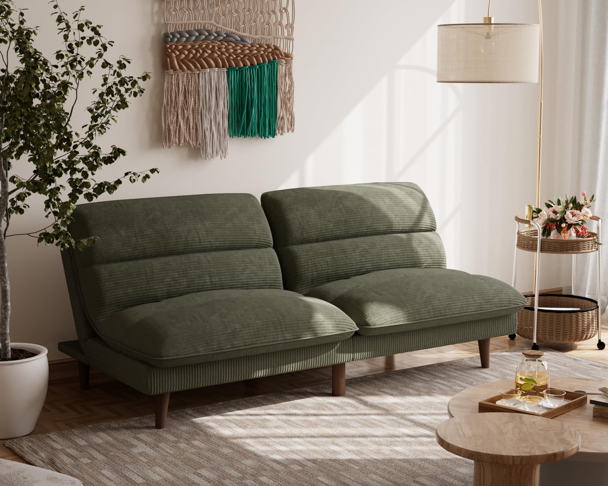 Flamaker Convertible Corduroy Futon Sofa Bed - Adjustable Sleeper Couch for Small Spaces, Modern Living Room Furniture (Green) | Perfect for Apartments, Guest Rooms & Studio Living