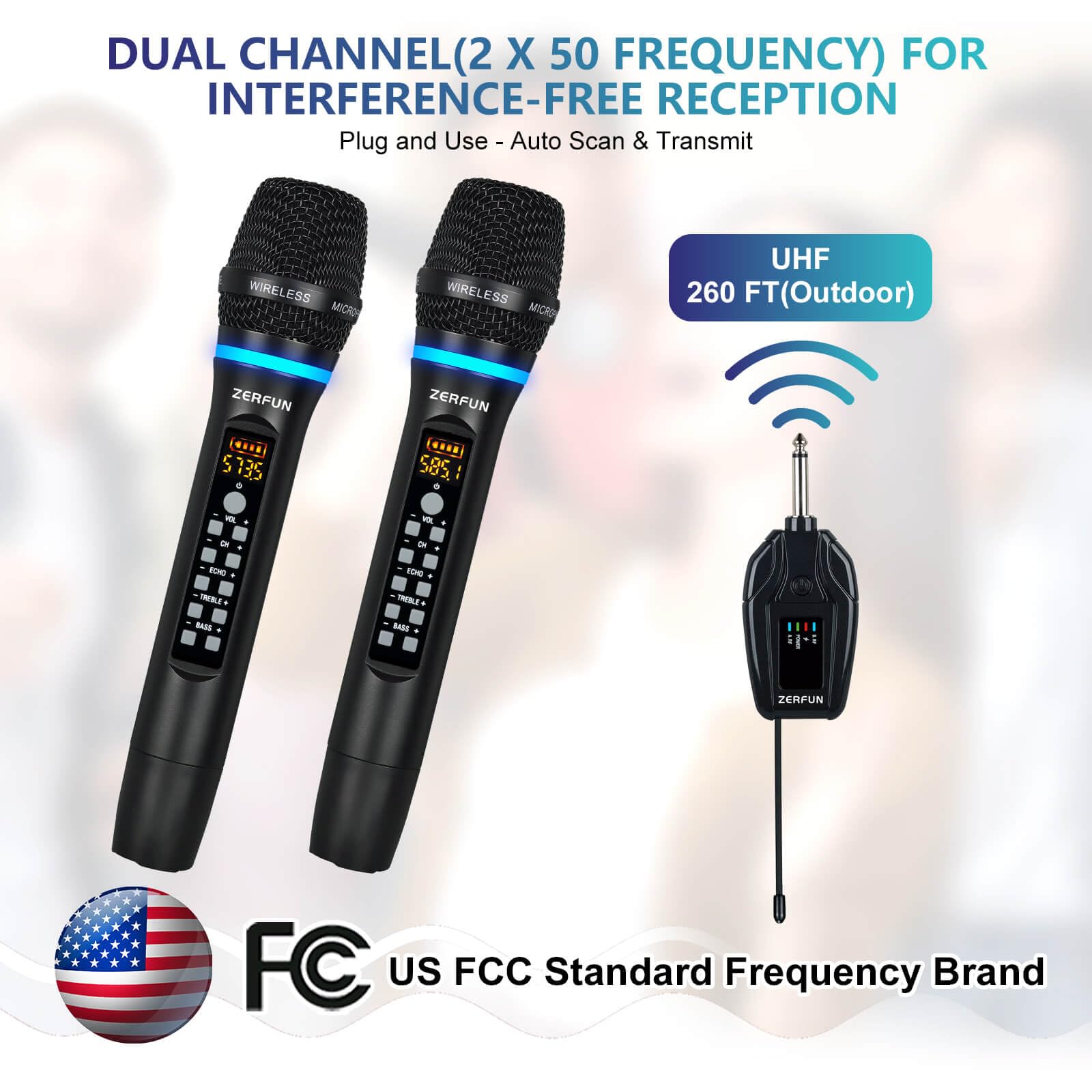 Professional UHF Dual Wireless Microphone System - Rechargeable Cordless Mic with VOL, Channel, Echo, Treble & Bass Control, 1/4
