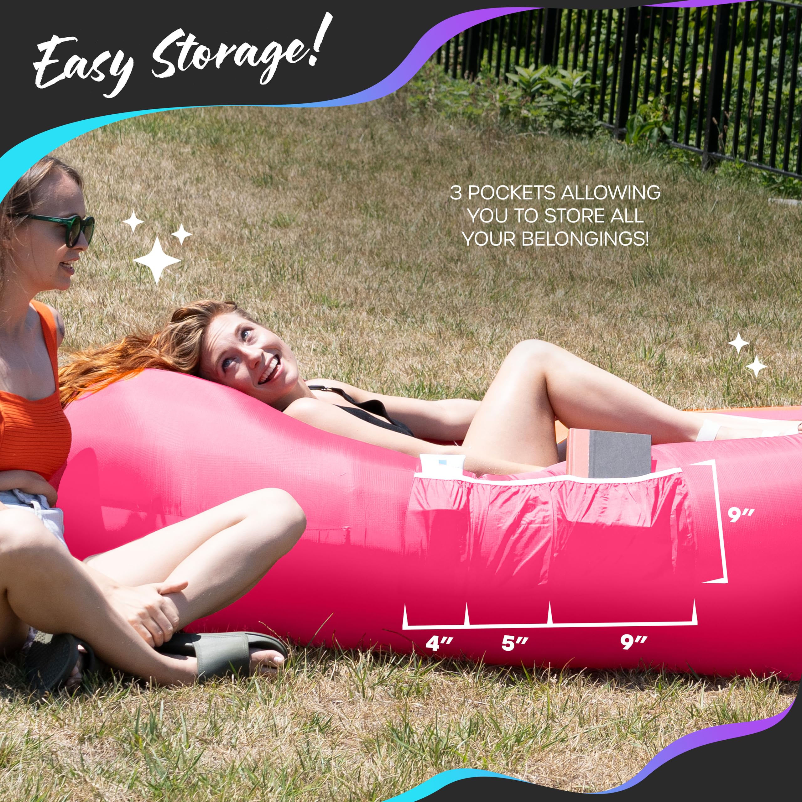 Nevlers 2 Pack Inflatable Lounger Air Sofa - Portable Blow Up Couch for Beach, Camping, Travel & Outdoor Relaxation | Includes Travel Bag, Pegs & 3 Storage Pockets | Perfect for Picnics, Backyard, Poolside & Movie Nights