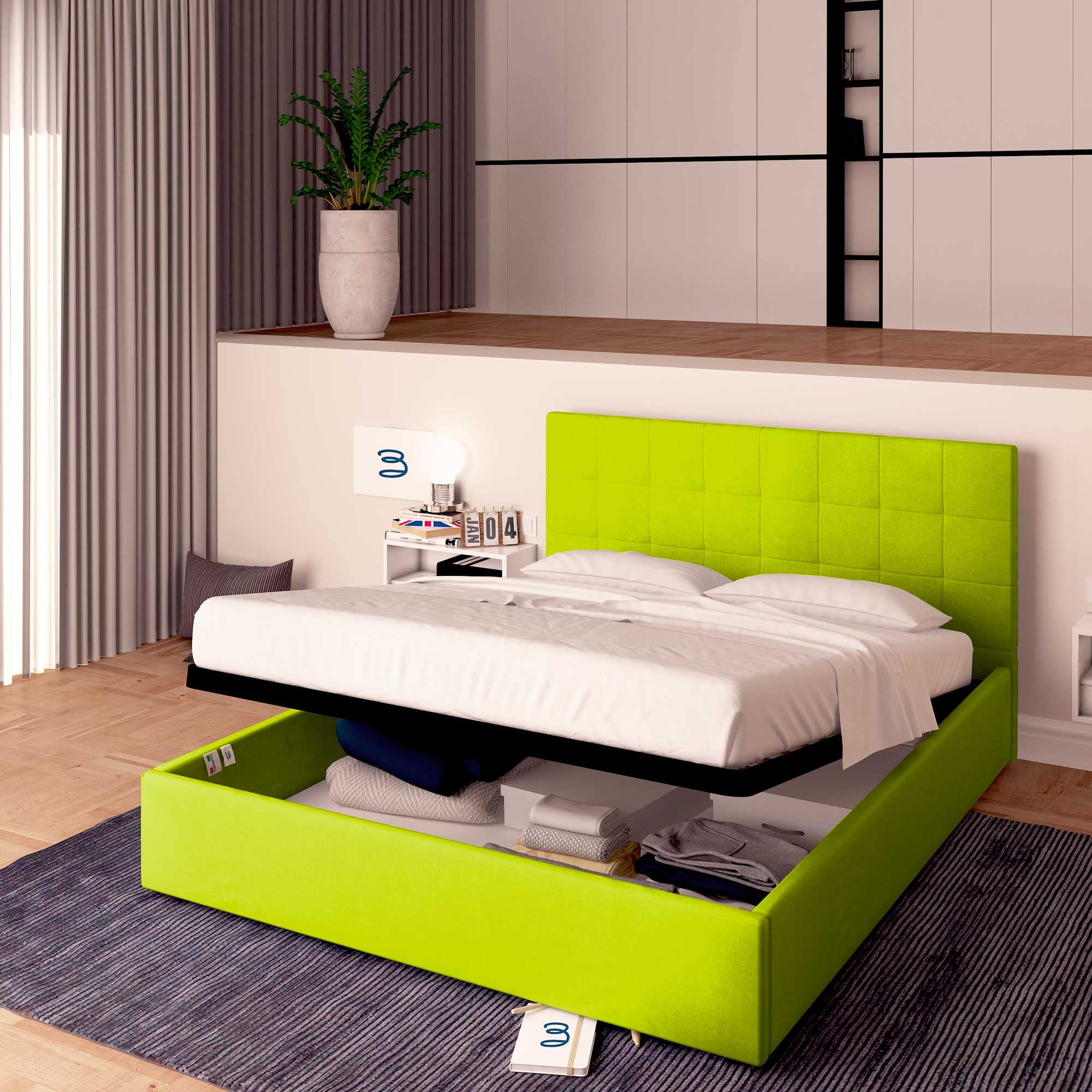 Baldiflex Single Bed with Storage, Synthetic Leather Dublin Model, Slatted Base for Single Mattress, 140 x 200 cm, Elegant Headboard, Apple Green - Perfect for Small Bedrooms, Guest Rooms & Studio Apartments
