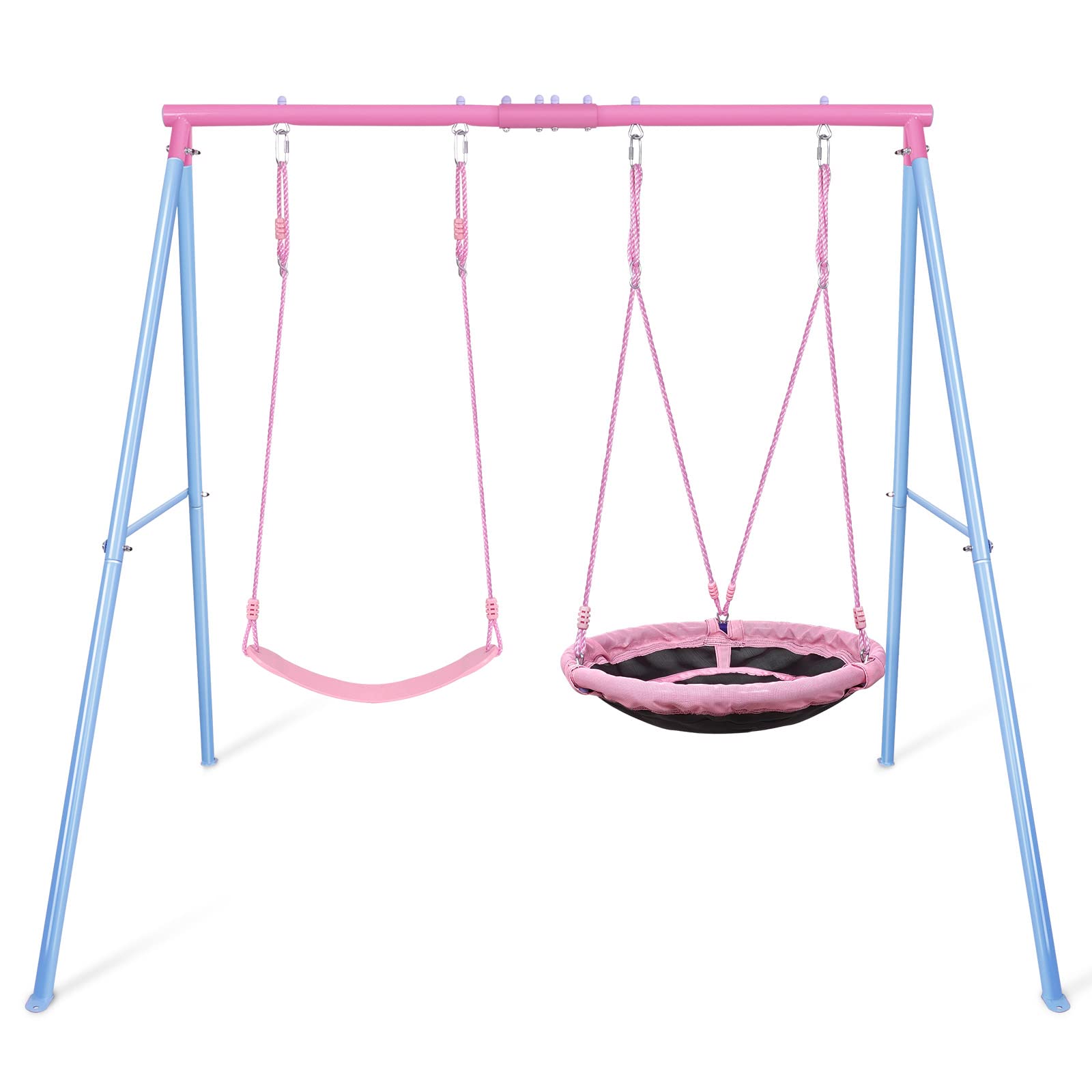 Heavy-Duty A-Frame Metal Swing Set with 440lbs Capacity - Includes 1 Saucer & 1 Belt Swing Seat for Backyard, Playground & Outdoor Fun - Pink Color for Kids' Play Area