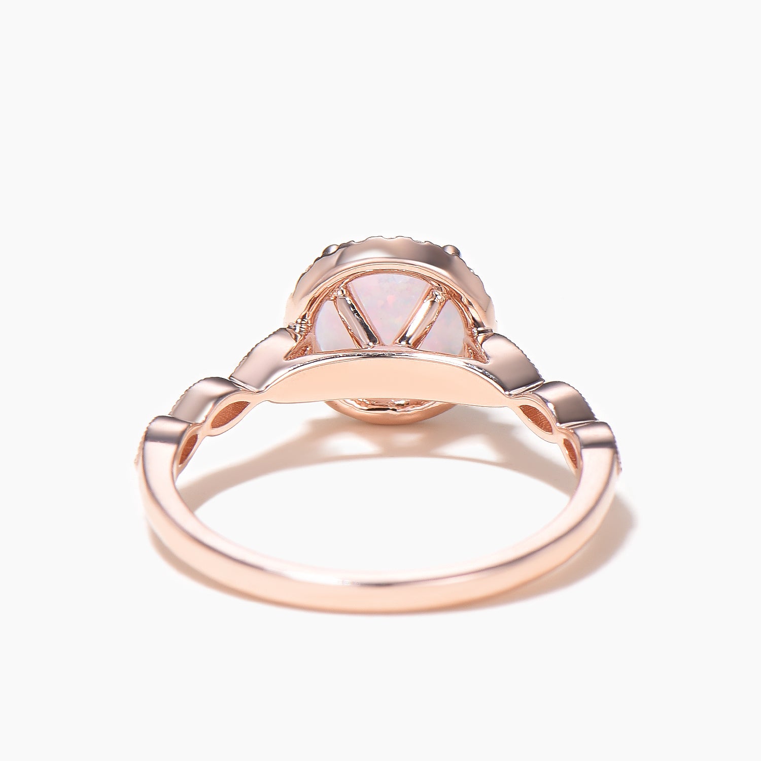 14K Rose Gold Opal Halo Engagement Ring with Moissanite Accents - Scalloped Milgrain Wedding Band for Women, Anniversary Gift for Her, Perfect for Proposals, Weddings & Special Occasions