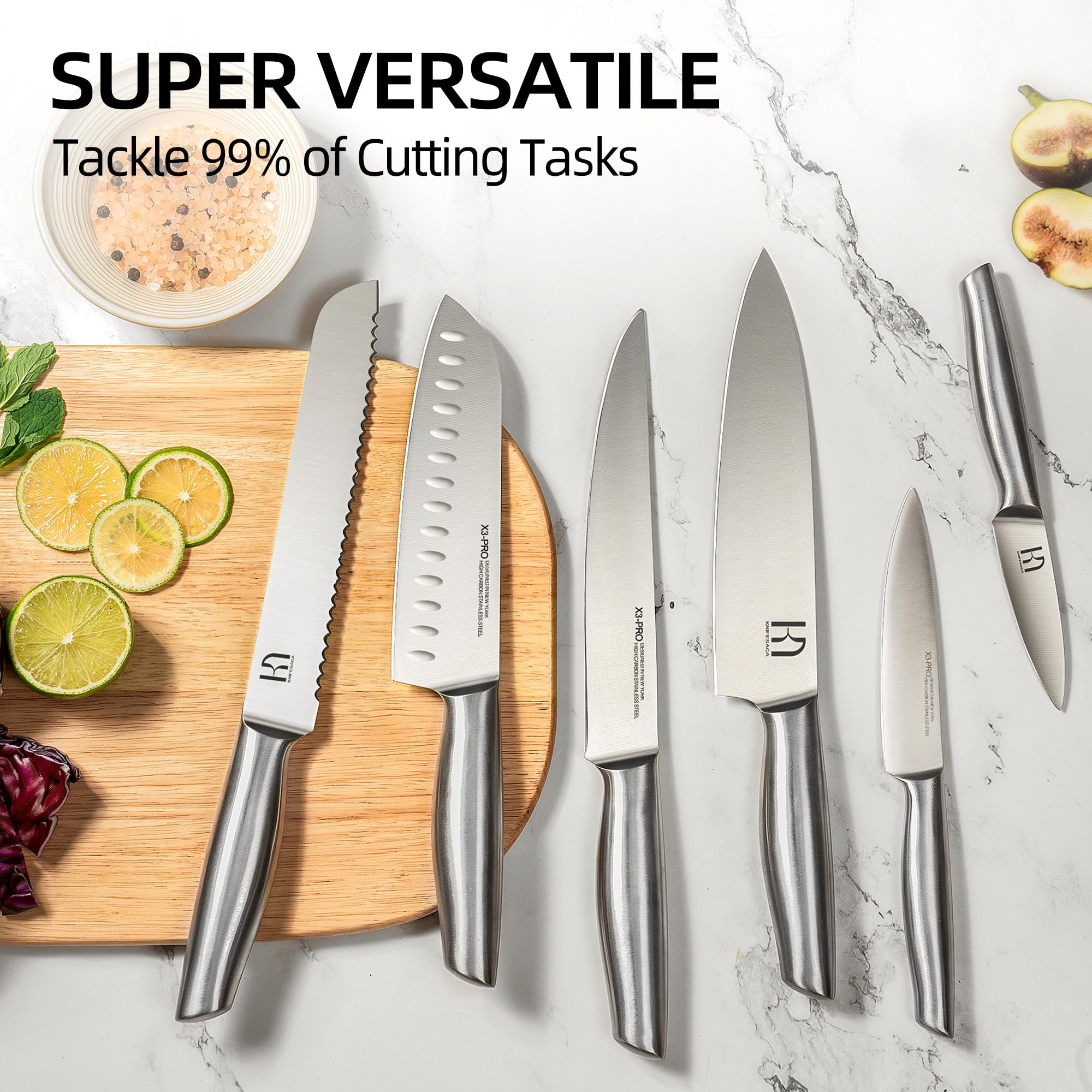 Premium 14-Piece Japanese High Carbon Stainless Steel Knife Set with Block & Built-in Sharpener - UltraSharp Kitchen Knives Including Non-Serrated Steak Knives for Cooking, Slicing, and Food Prep