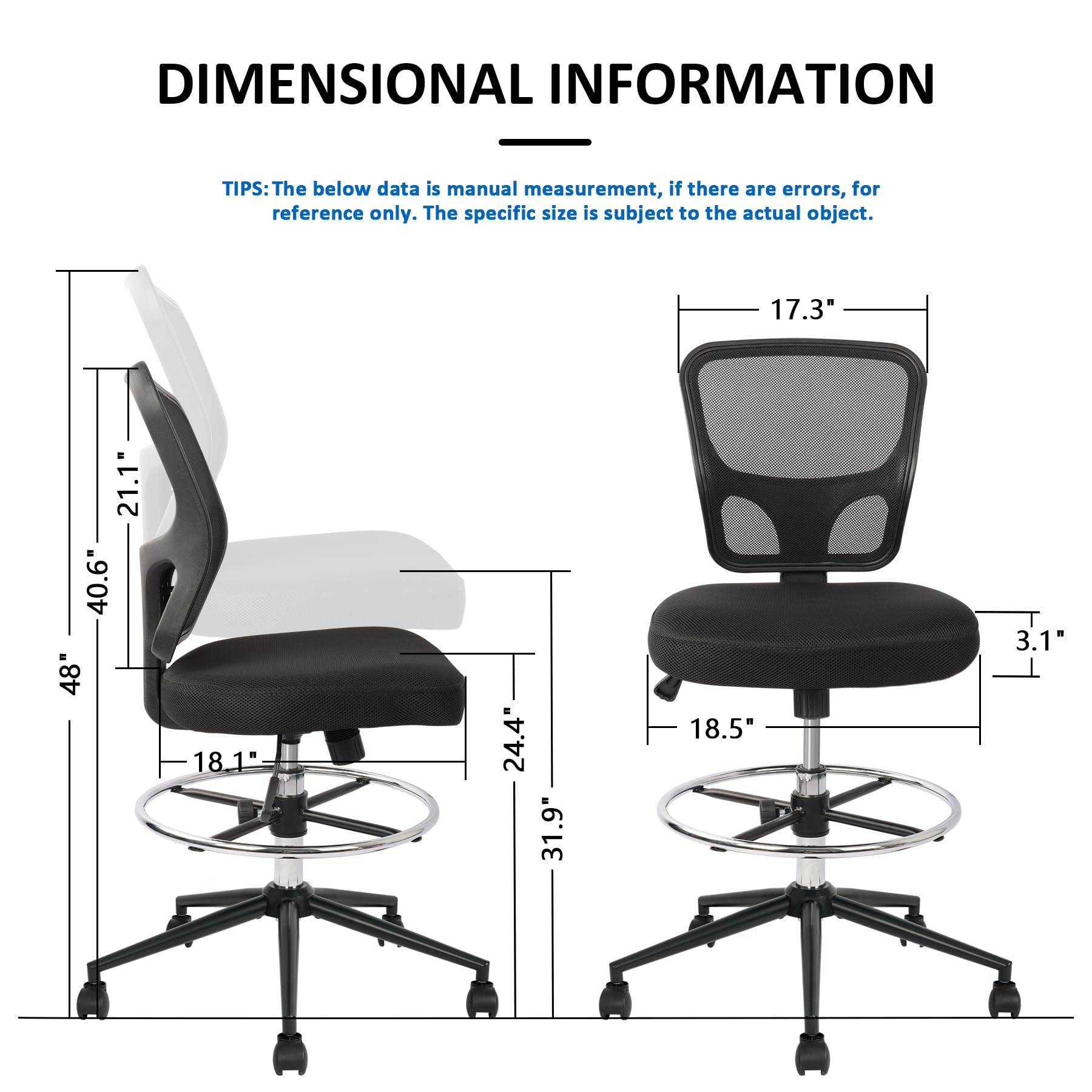 Ergonomic Armless Drafting Chair - Adjustable Height High Back Office Chair with Footrest & Wheels - Perfect for Architects, Designers & Home Office Workspaces