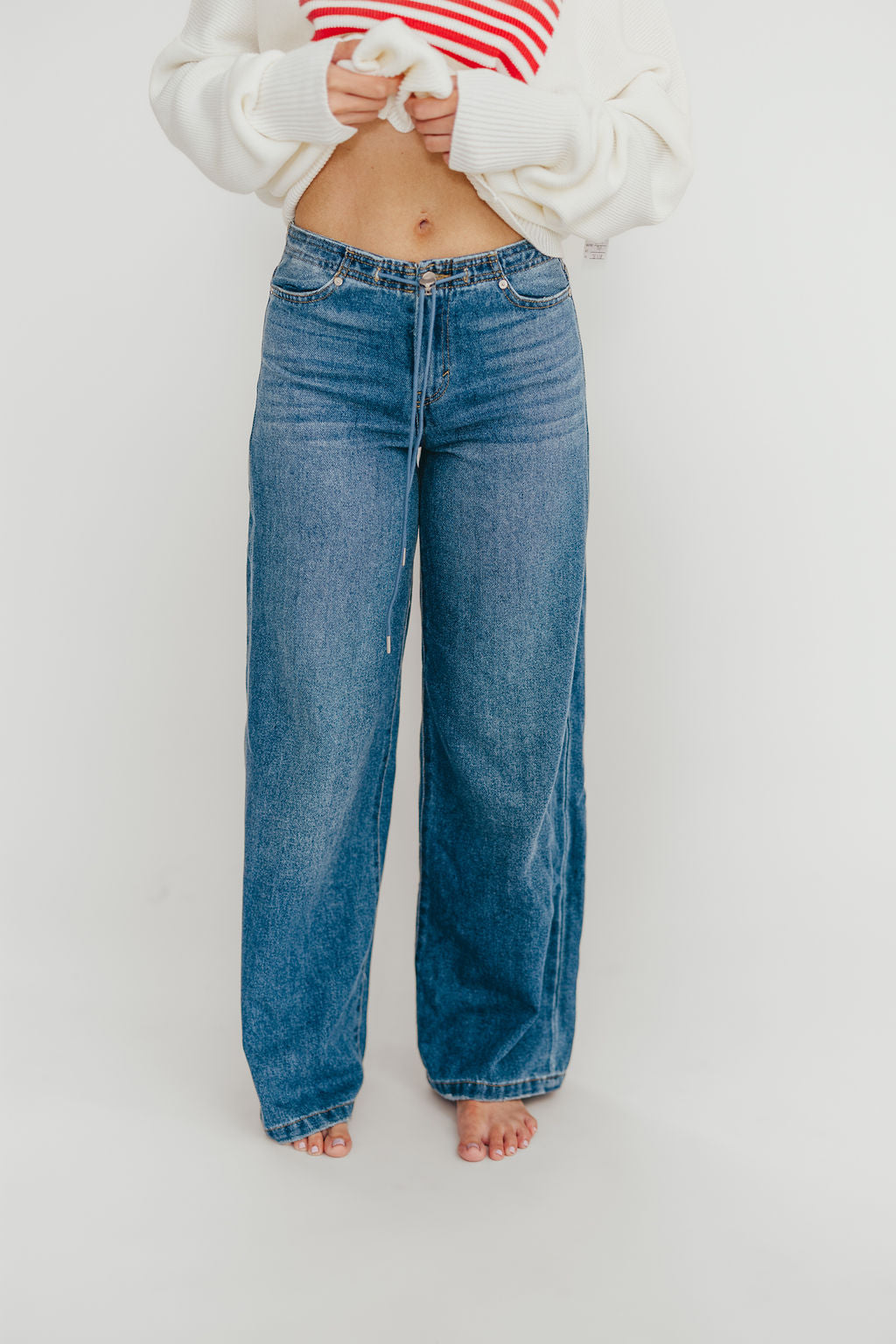 Stylish Baltic Jade Drawstring Wide Leg Jeans for Women - Comfortable High Waist Loose Fit Pants for Casual Outings & Boho Fashion