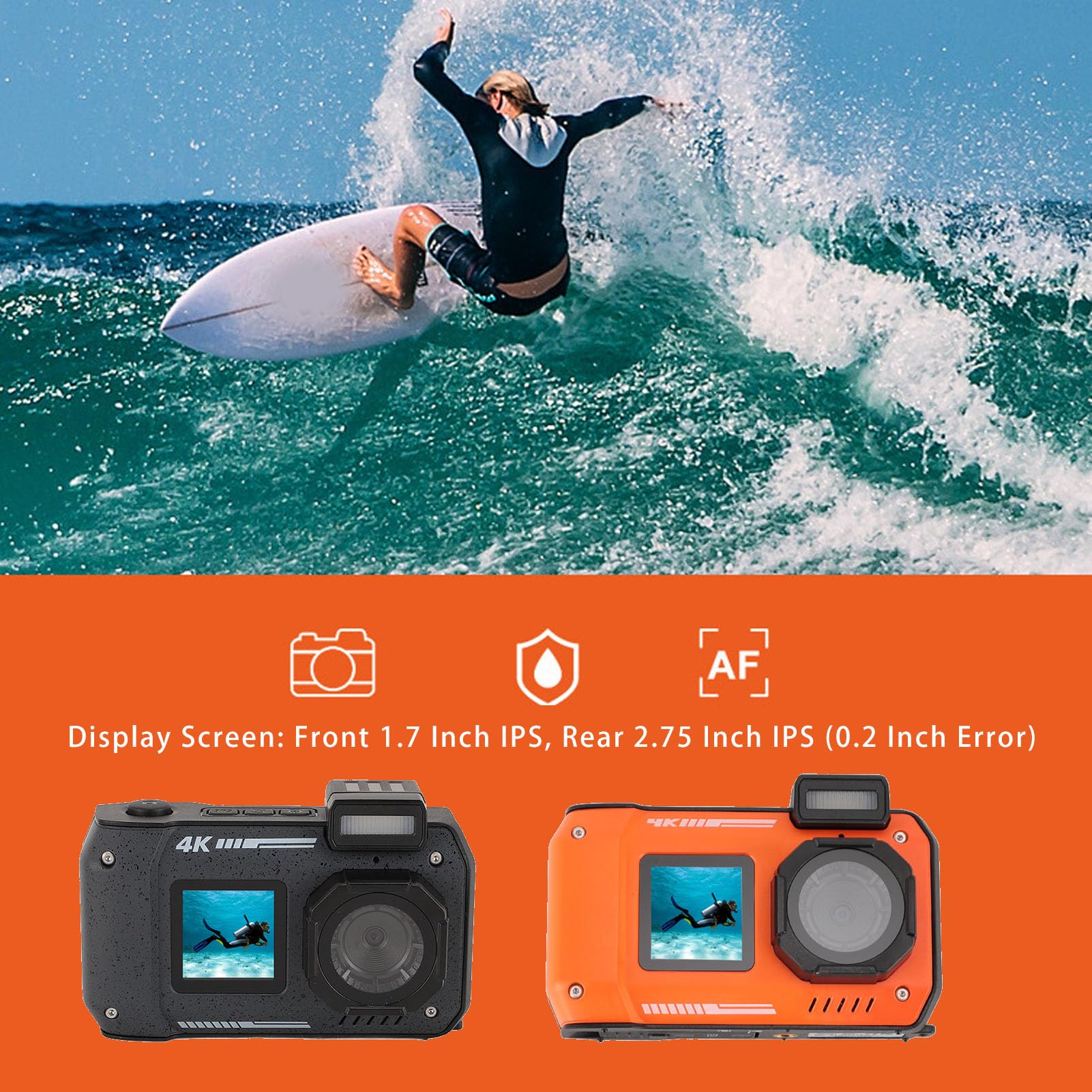 48MP 4K Waterproof Digital Camera with 16X Zoom, Autofocus & Anti-Shake | 2500mAh Battery & Dual Screens for Perfect Selfies | Ideal for Outdoor Sports, Snorkeling, Beach Trips & Underwater Photography (Orange)