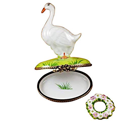 Limoges Porcelain Box with Rochard Goose, Spring & Christmas Wreaths - Hand-Painted Collectible Trinket Box for Home Decor, Gift Giving & Holiday Display