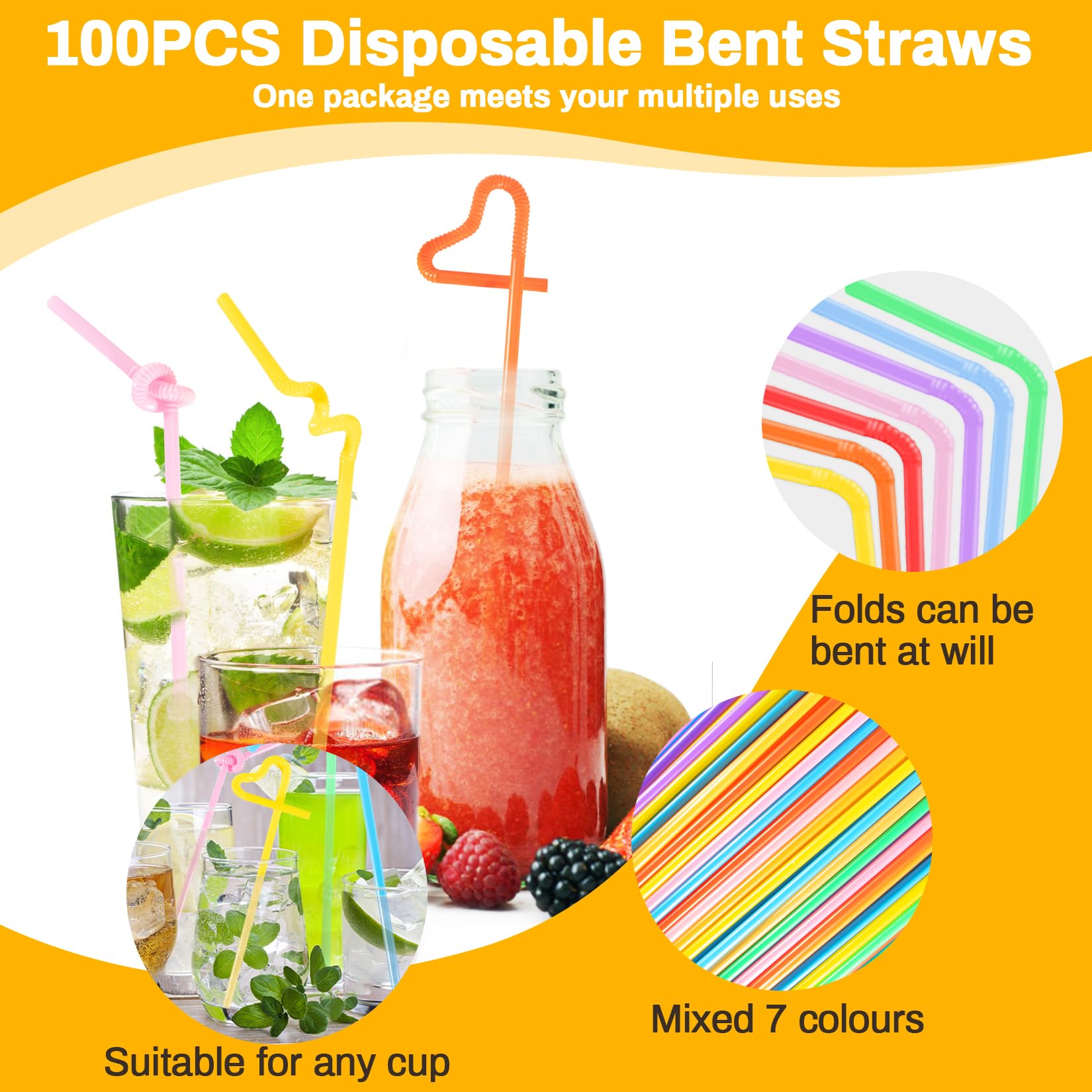 MAQIHAN 100PCS Disposable Plastic Drinking Straws - Flexible Bendable Colorful Straws for Juice, Smoothies, Cocktails & Party Drinks | Perfect for Home, Restaurants, Cafes & Outdoor Events