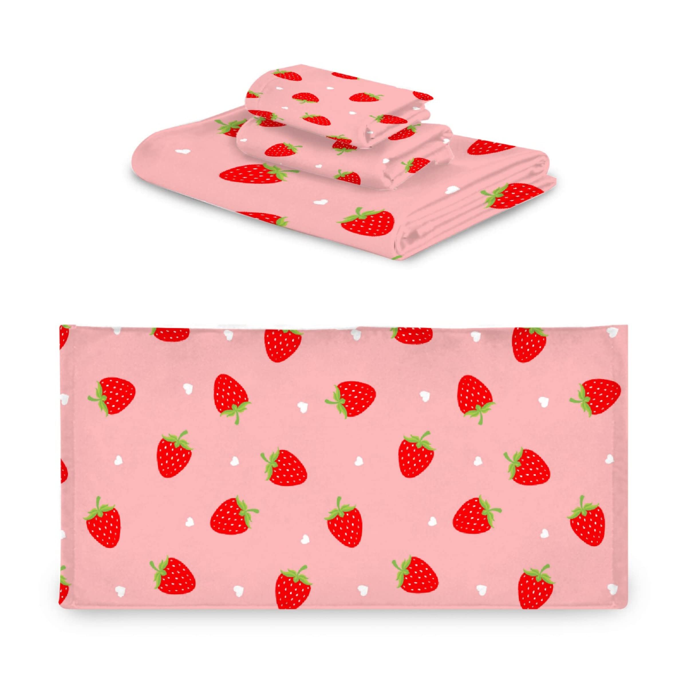 Premium Strawberry Towel Set - Soft 3-Piece Bathroom Towels (1 Bath Towel, 1 Hand Towel, 1 Washcloth) - Cute Fruit Decor for Women & Kids - Perfect for Bathroom, Beach, Gym & Gift Giving