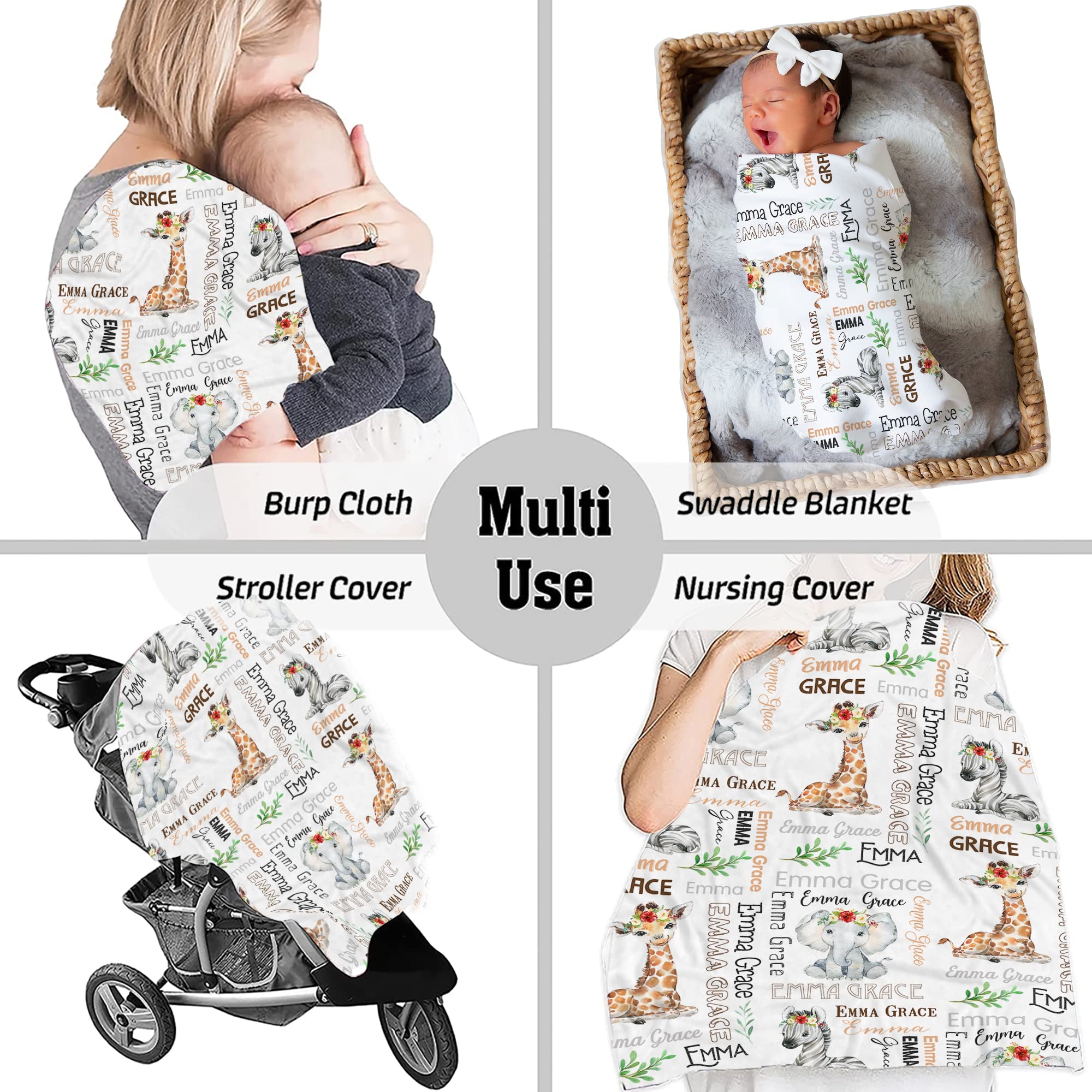 Personalized Woodland Safari Monogram Baby Blanket - Soft Nursery Blanket with Animal Heads for Boys & Girls - Custom Name Receiving Blanket for Baby Showers, Christenings & Nursery Decor - Perfect for Gifts, Photo Props & Cozy Swaddling