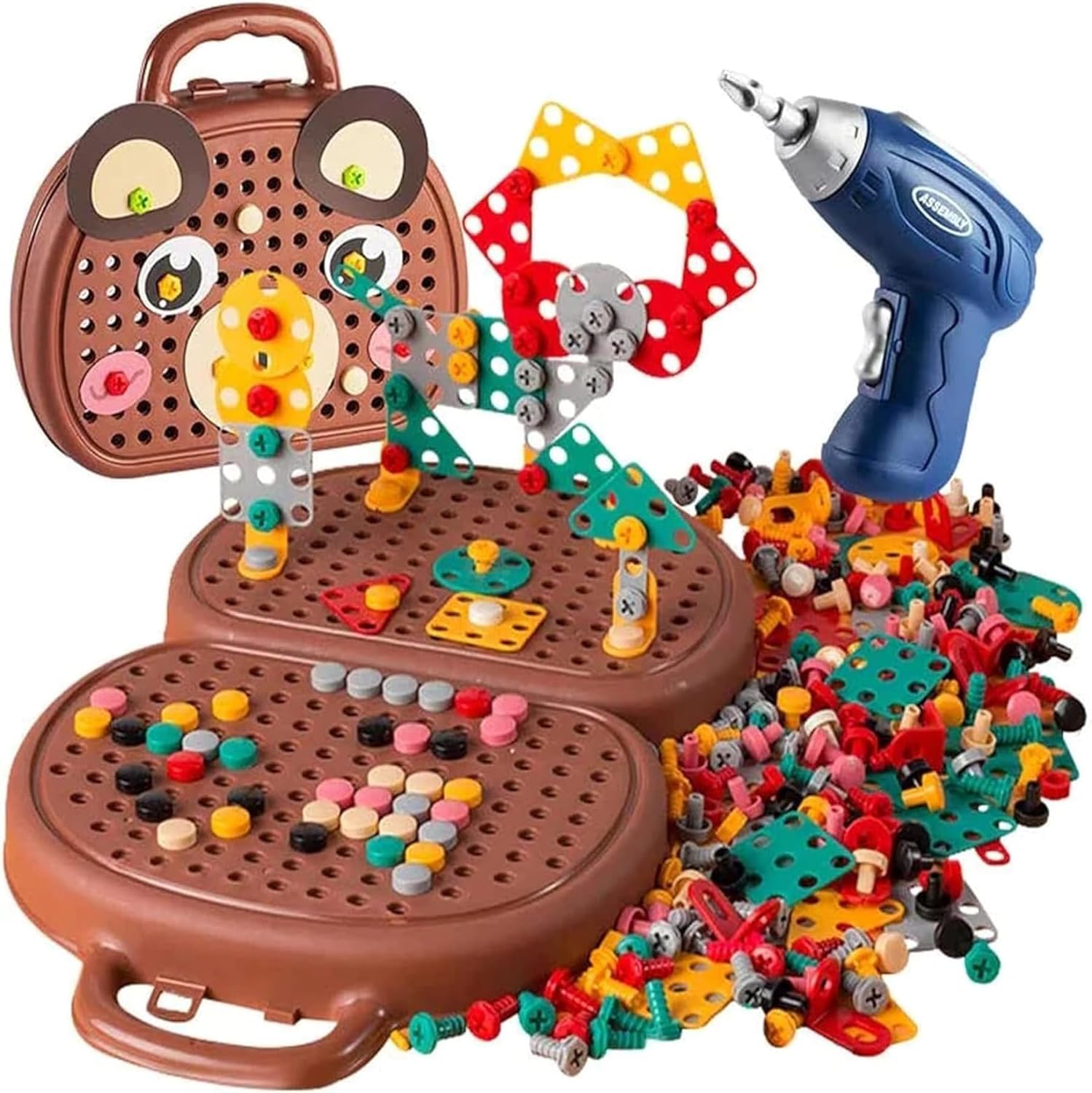 **Montessori Wooden Toolbox Drill Playset for Kids Ages 3-12 – Creative Mosaic Building Toy with Screwdriver & Bear Design – STEM Learning, Fine Motor Skills Development – Perfect for Pretend Play & DIY Projects (Brown)**