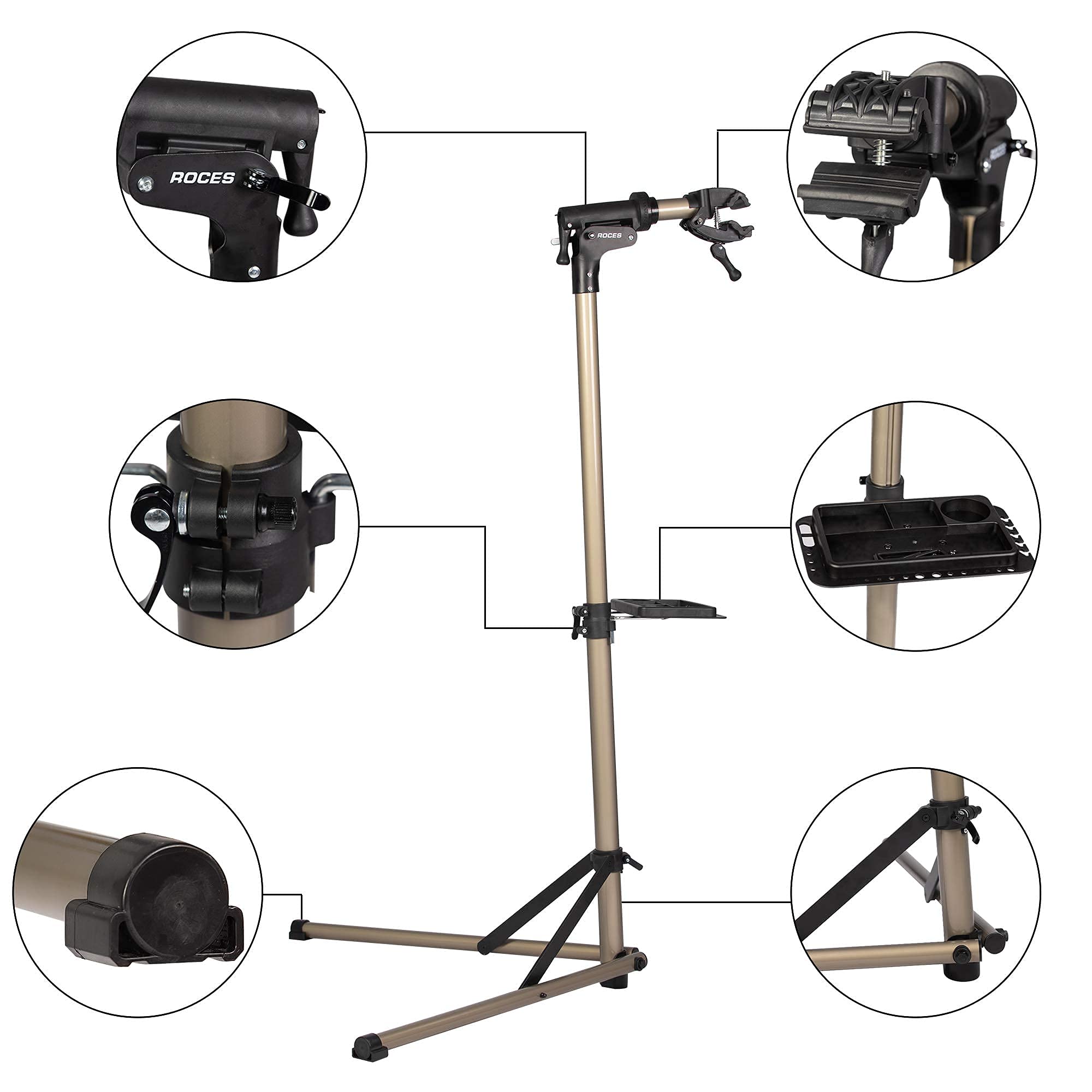 CARSTY Adjustable Height Bike Repair Stand - Heavy Duty Folding Bike Workstand for MTB & Road Bikes, Home & Shop Use with Tool Tray (Supports 60 lbs) - Perfect for Bike Maintenance, Tune-ups & Storage