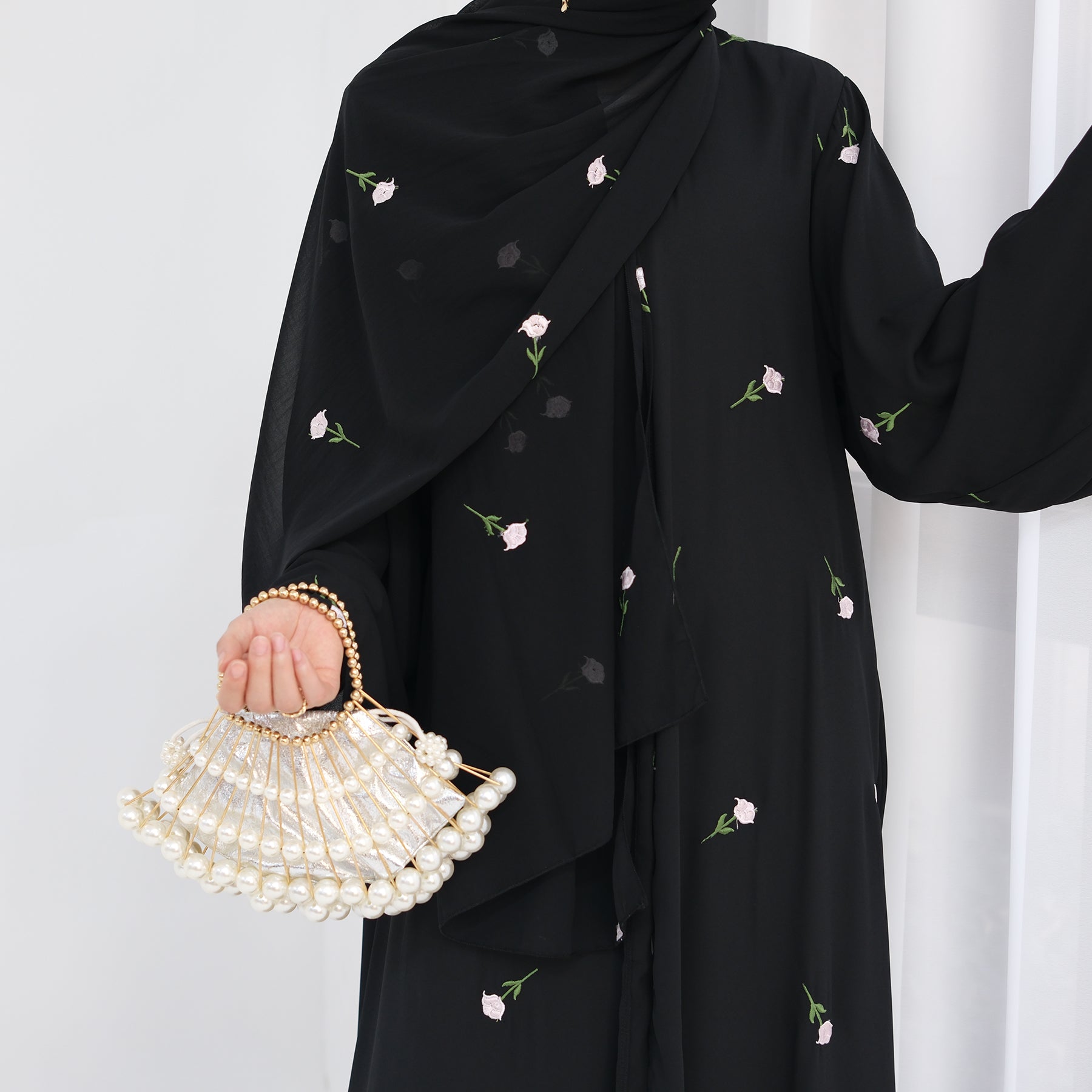 Elegant Black Chiffon Open Abaya Kimono Set for Women - Modest Islamic Fashion, Perfect for Prayer, Eid, and Special Occasions