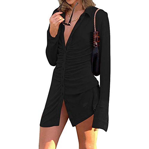 WenaZao Women's Sexy Button Down Lapel Mini Shirt Dress - Long Sleeve Ruched Bodycon Solid Color Skirt for Party, Club & Date Night Outfits