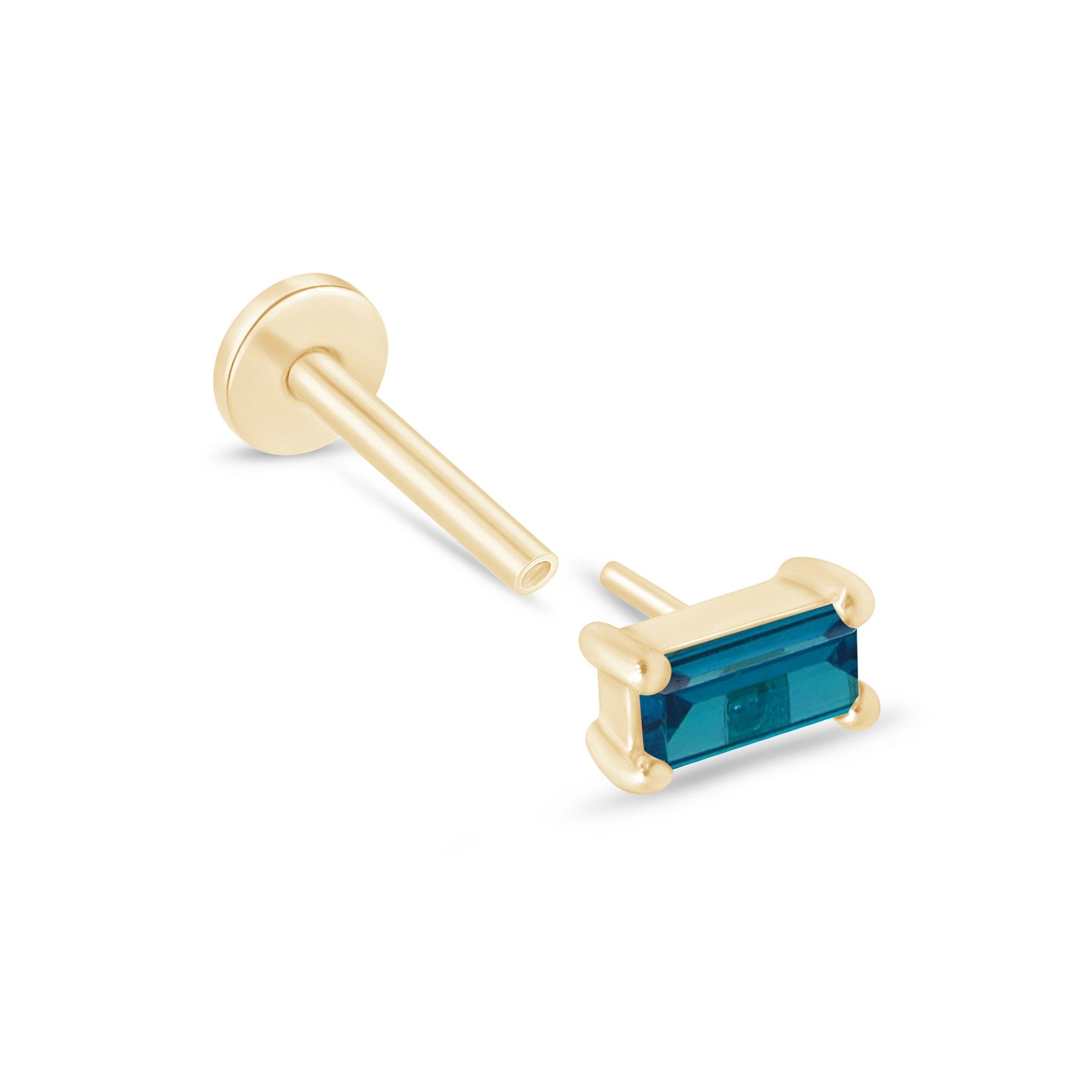 14k Yellow Gold Blue Topaz Baguette Stud Earrings - Flat Back Design for Sensitive Ears | Perfect for Daily Wear, Special Occasions & Gift Giving