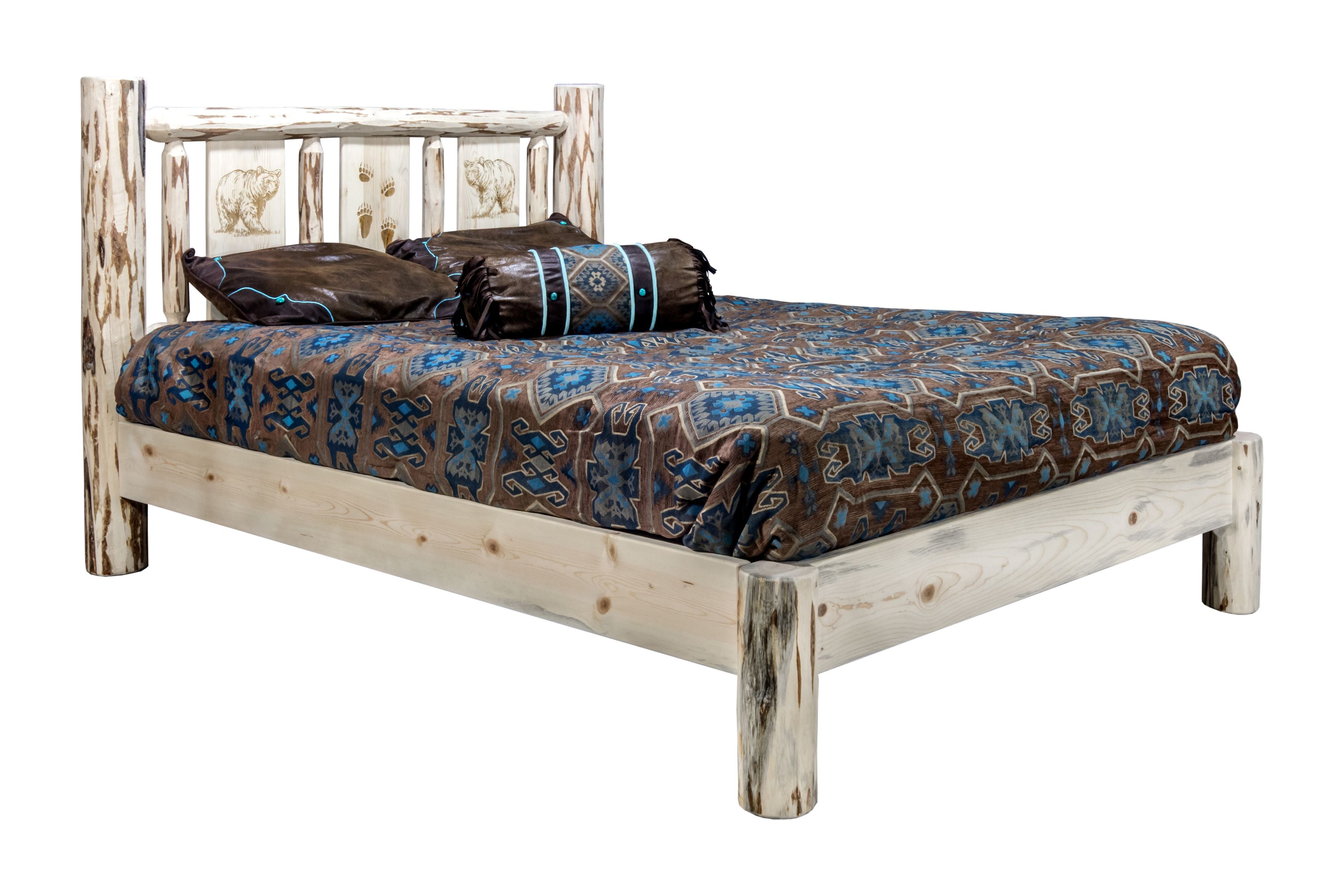 Montana Platform Bed with Laser Engraved Design - Unfinished Solid Wood Bed Frame for Bedroom, Living Room, or Guest Room