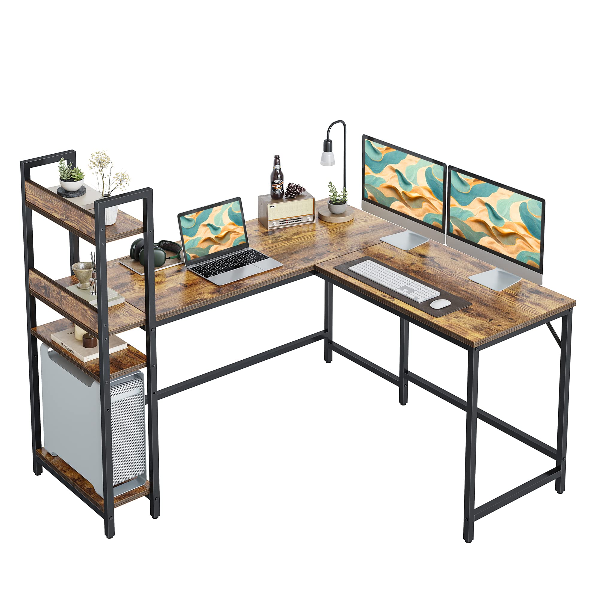 CubiCubi L Shaped Desk with Storage Shelves - Home Office Computer Corner Desk, Writing Gaming Study Table with Bookshelf, Space Saving, Brown - Perfect for Small Spaces, Remote Work & Gaming Setup