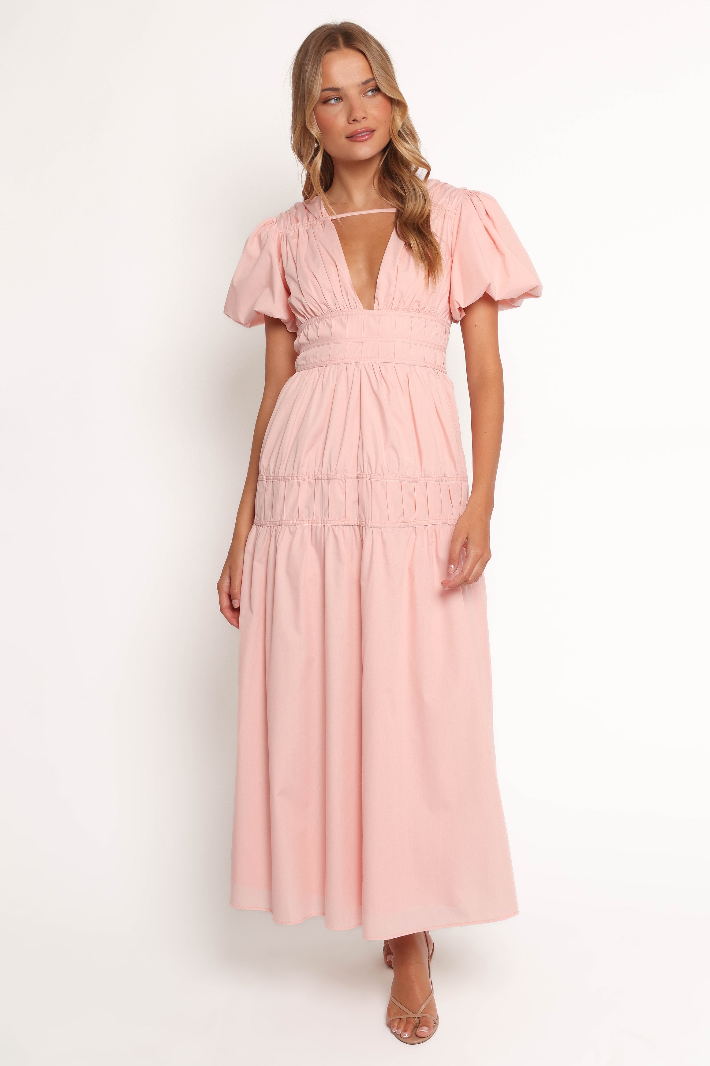 Joedy Puff Sleeve Midi Dress for Women - Elegant Floral Print Summer Dress in Pale Pink | Perfect for Weddings, Parties & Date Nights