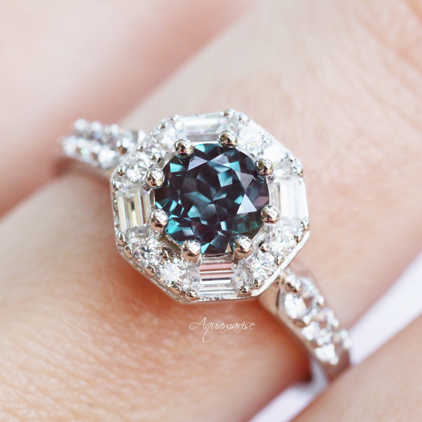 Hexagon Alexandrite Ring Sterling Silver - Genuine Alexandrite Gemstone, 925 Sterling Silver Jewelry for Women - Perfect for Engagement, Wedding, Anniversary Gifts & Everyday Wear