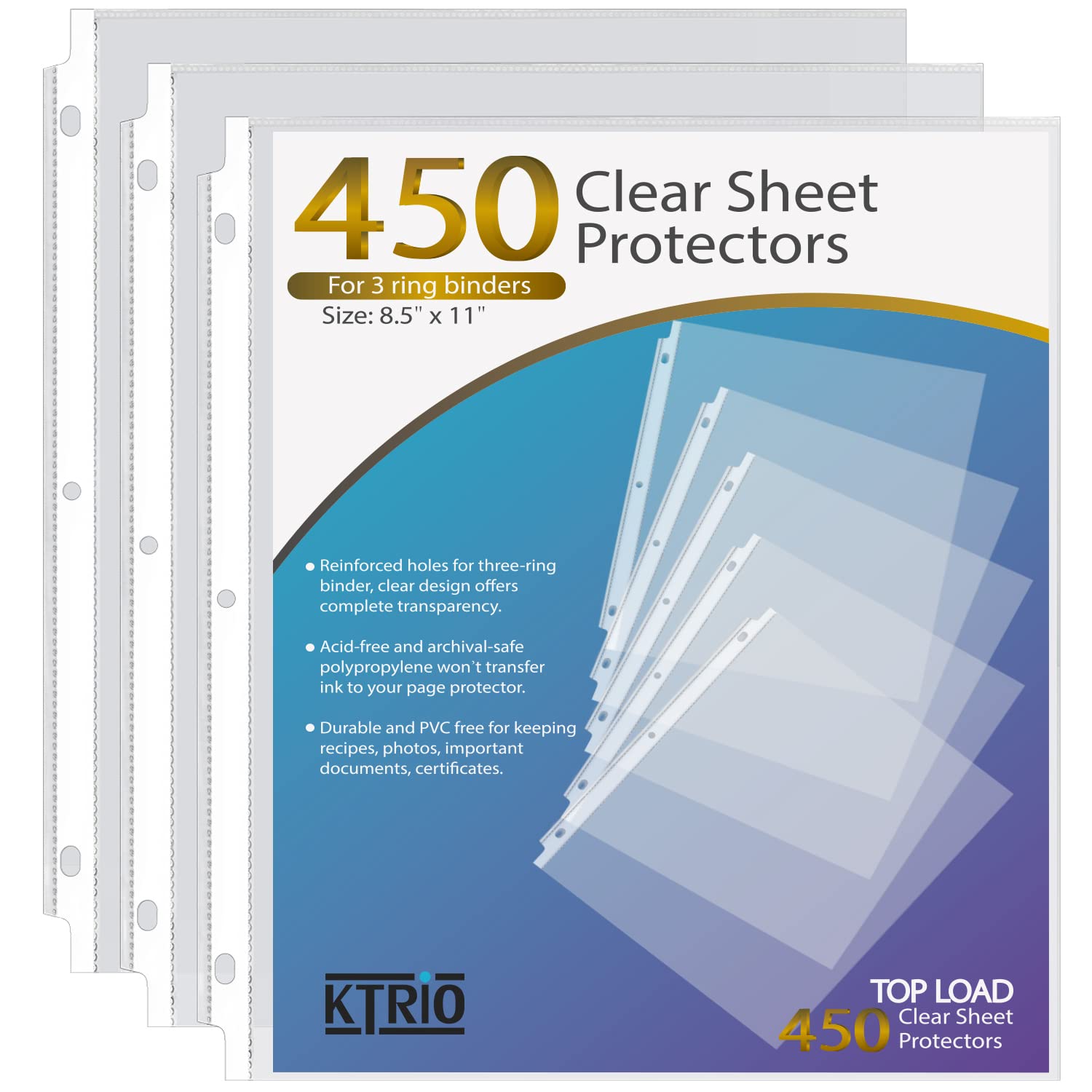 KTRIO 8.5 x 11 Inch Clear Sheet Protectors - 450 Pack Top Loading Page Protectors for 3 Ring Binders, Plastic Document Sleeves Letter Size | Perfect for Office, School, Home Organization & Filing Systems