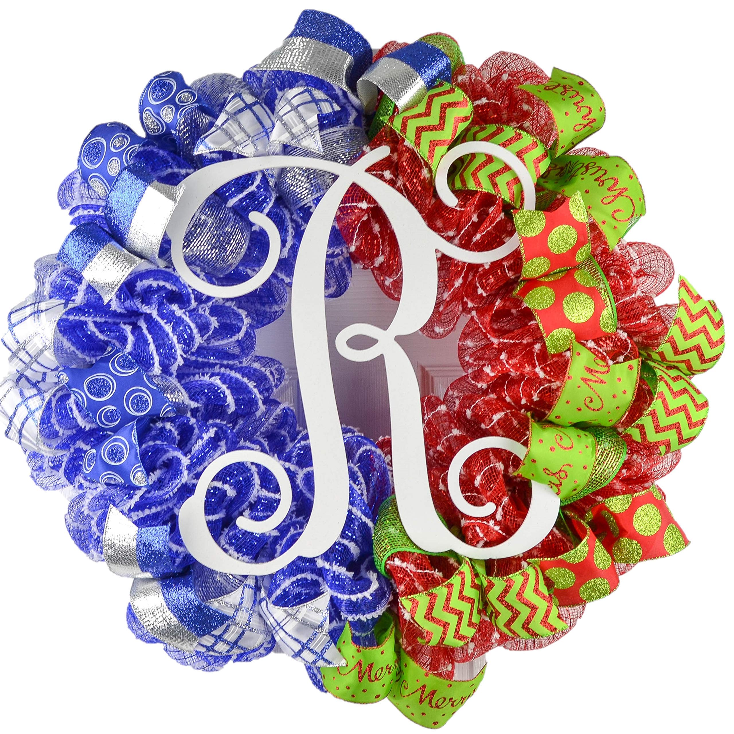 Custom Monogram Christmas Hanukkah Wreath - Red Green Blue Silver House Divided Decor - Perfect for Holiday Door Decorations, Fireplace Mantel & Festive Wall Hangings