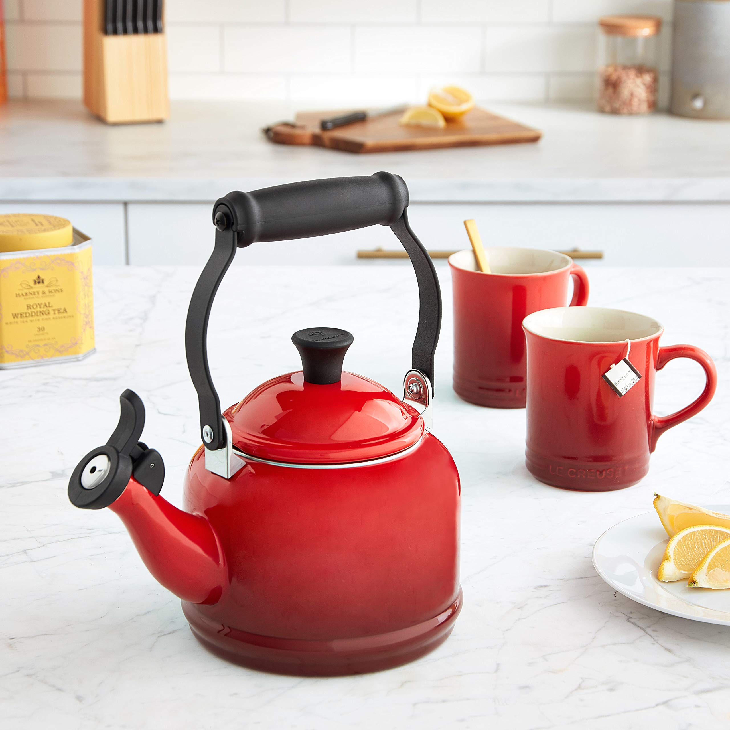 Le Creuset Enamel on Steel 1.25 qt Demi Tea Kettle & 2-Piece 14 oz Stoneware Mug Set in Cerise Red - Perfect for Afternoon Tea, Coffee Brewing & Kitchen Decor