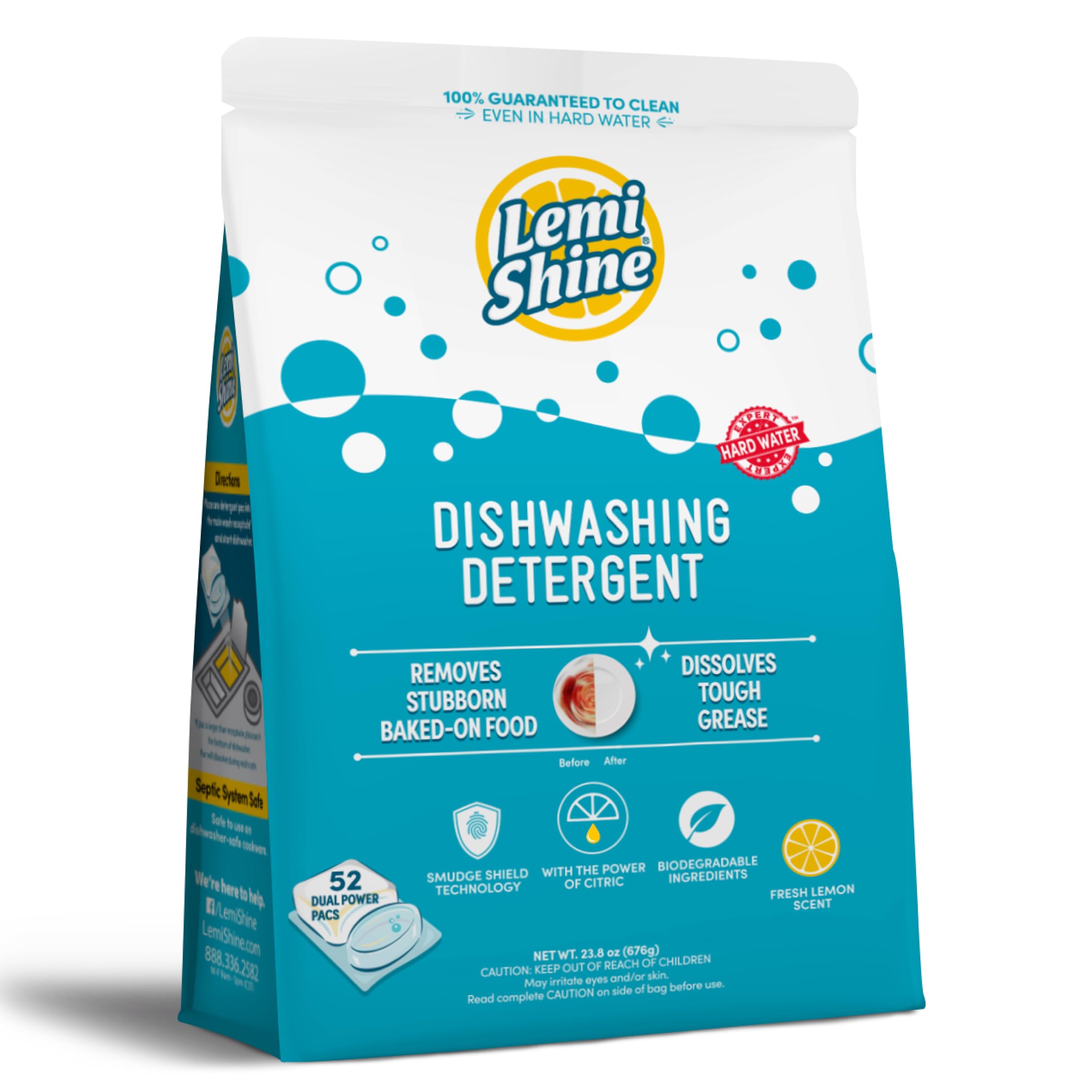 Lemi Shine Natural Dishwasher Pods | All-In-One Powder & Gel Dishwasher Detergent with Citric Acid | Eco-Friendly Dishwashing Supplies (52 Count) | Perfect for Daily Dish Cleaning & Stain Removal in Homes & Restaurants