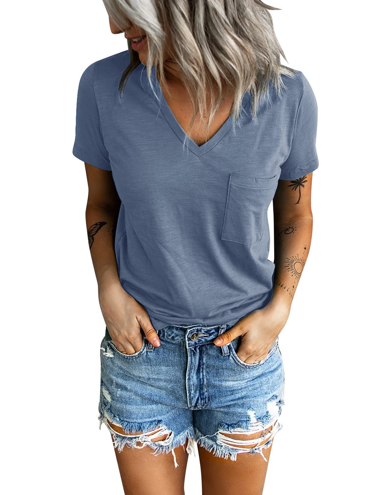 Sunborui Women's Summer Short Sleeve V-Neck T-Shirt with Pocket - Solid Color Loose Fit Casual Tee Top for Everyday Wear, Outings & Vacation