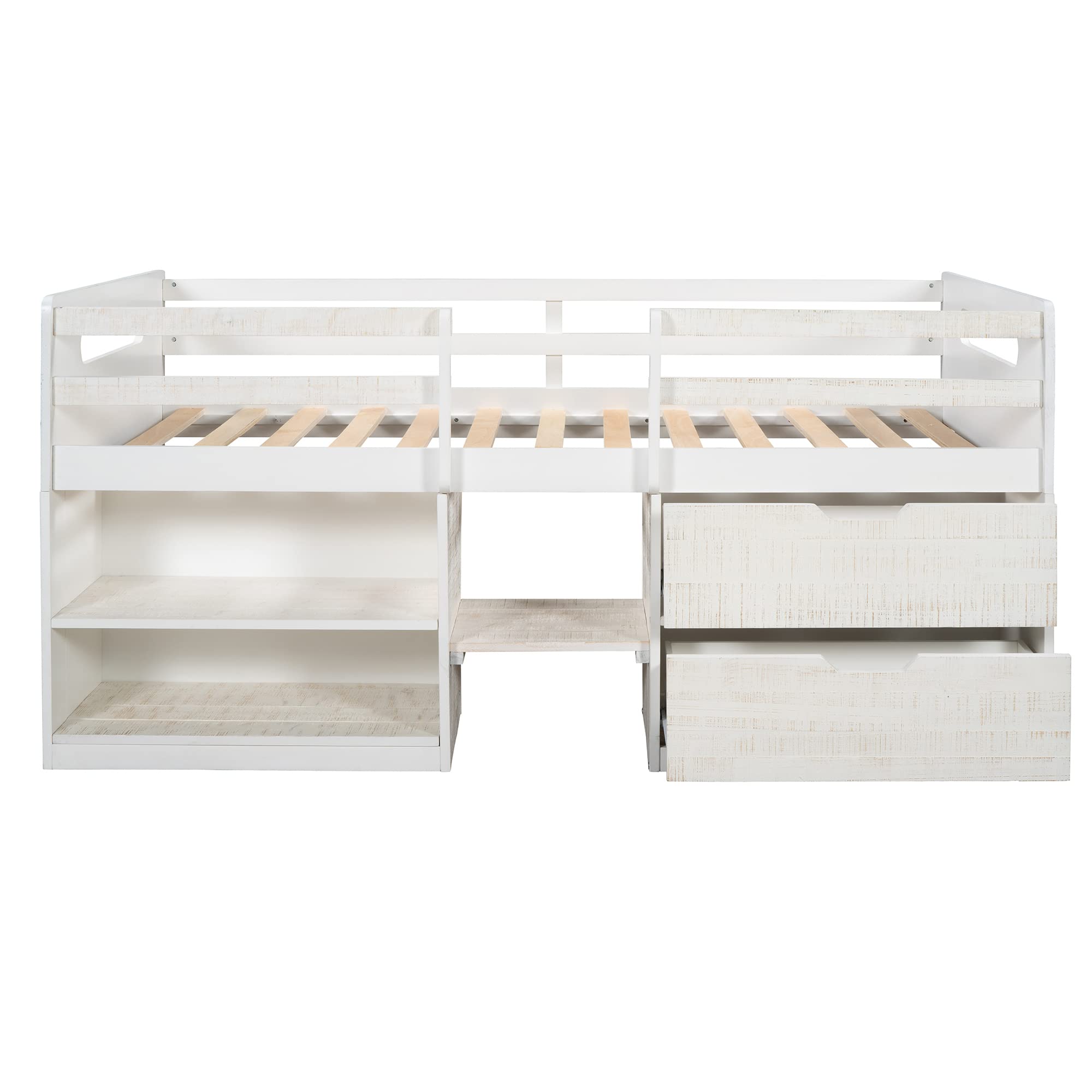 P PURLOVE Twin Loft Bed with 2 Shelves & 2 Drawers - Low Loft Bed Frame for Kids/Teens - No Box Spring Needed - Antique White - Perfect for Small Rooms & Dorm Spaces