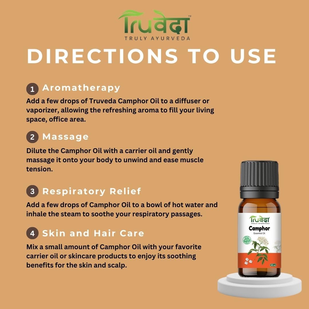 Truveda 100% Pure & Natural Camphor Oil for Skin, Hair Care & Aromatherapy - 15ml Essential Oil for Relaxation, Massage & DIY Beauty Recipes