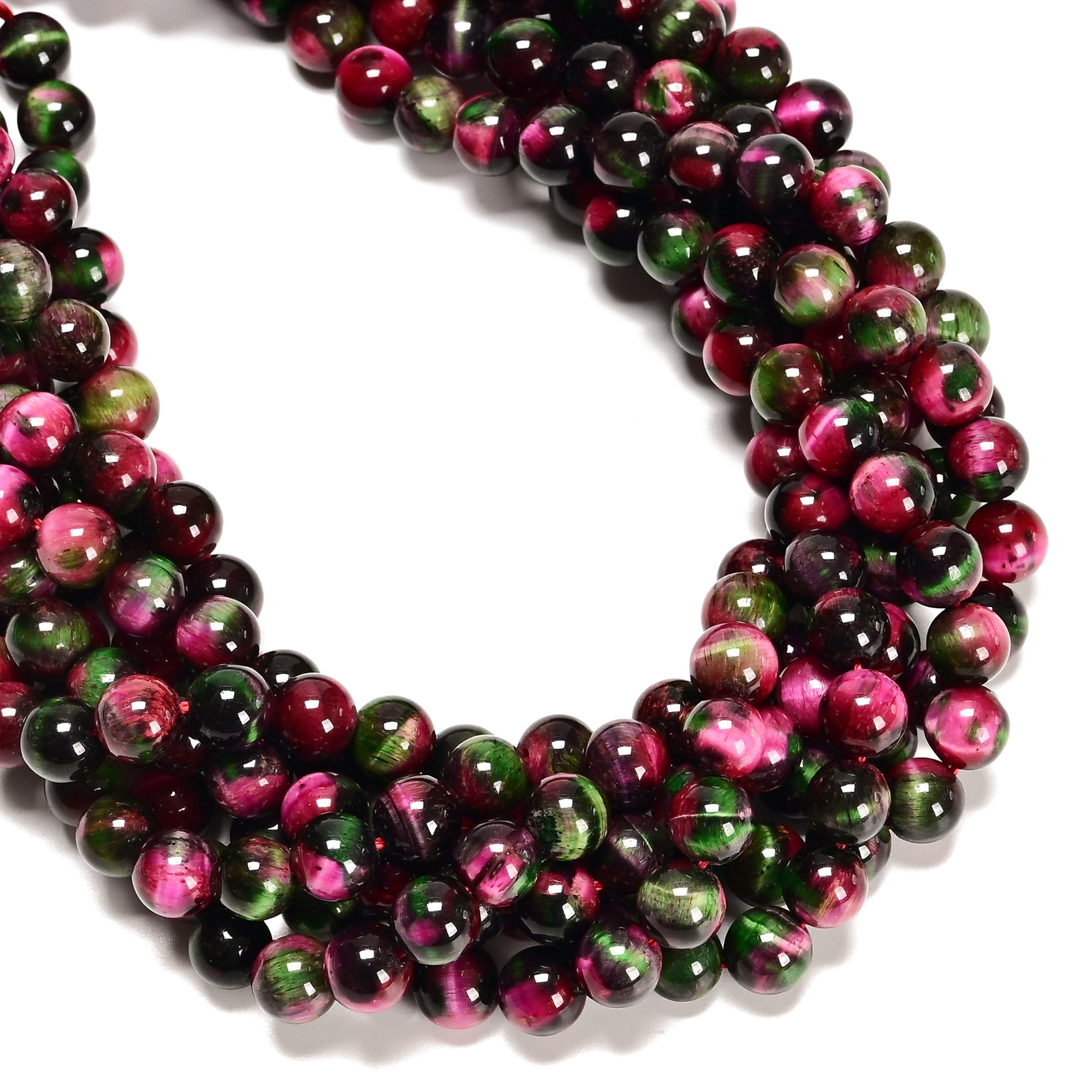 Galaxy Green & Hot Pink Tiger Eye Smooth Round Beads - 6mm, 8mm, 10mm, 15.5 Inch Strand - DIY Jewelry Making, Bracelets & Necklace Crafting Supplies