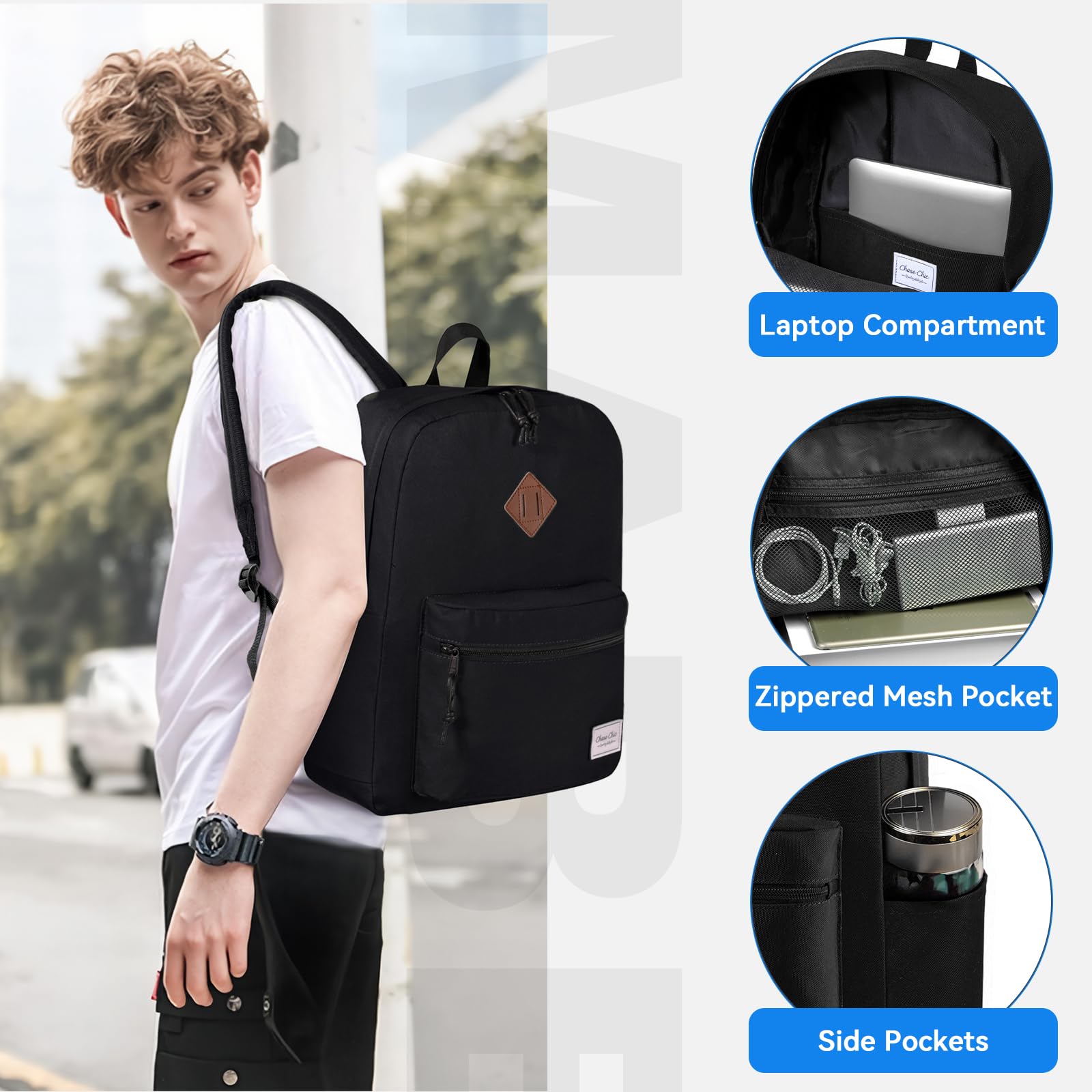 Stylish Unisex Lightweight School & Travel Backpack - Water-Resistant Casual Rucksack with Laptop Compartment Fits 15.6 Inch Notebook - Perfect for College, Commuting & Weekend Getaways (Black, Medium Size)