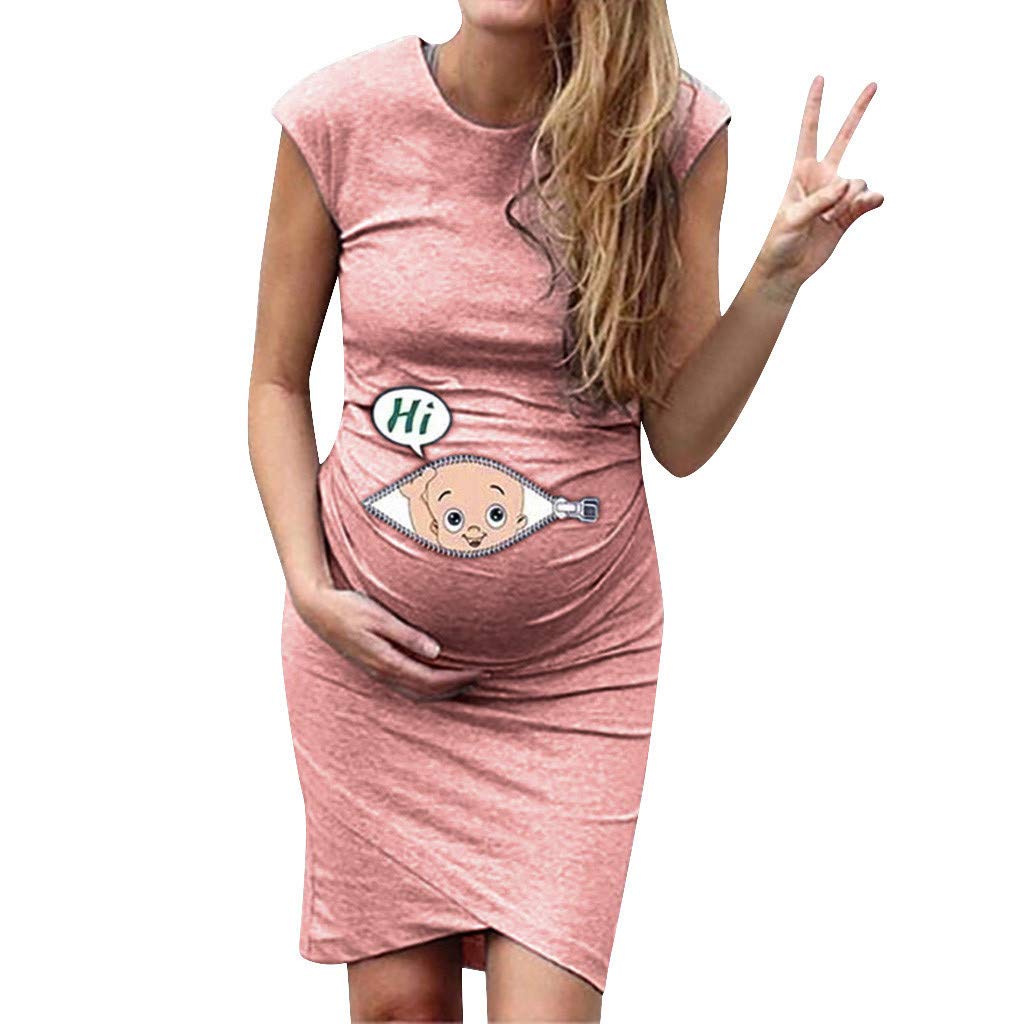 **Women's Maternity Dress - Cartoon Print Sleeveless Nursing Dress with Lace Overlay (Pink, XL) | Comfortable & Stylish for Pregnancy, Nursing & Special Occasions**