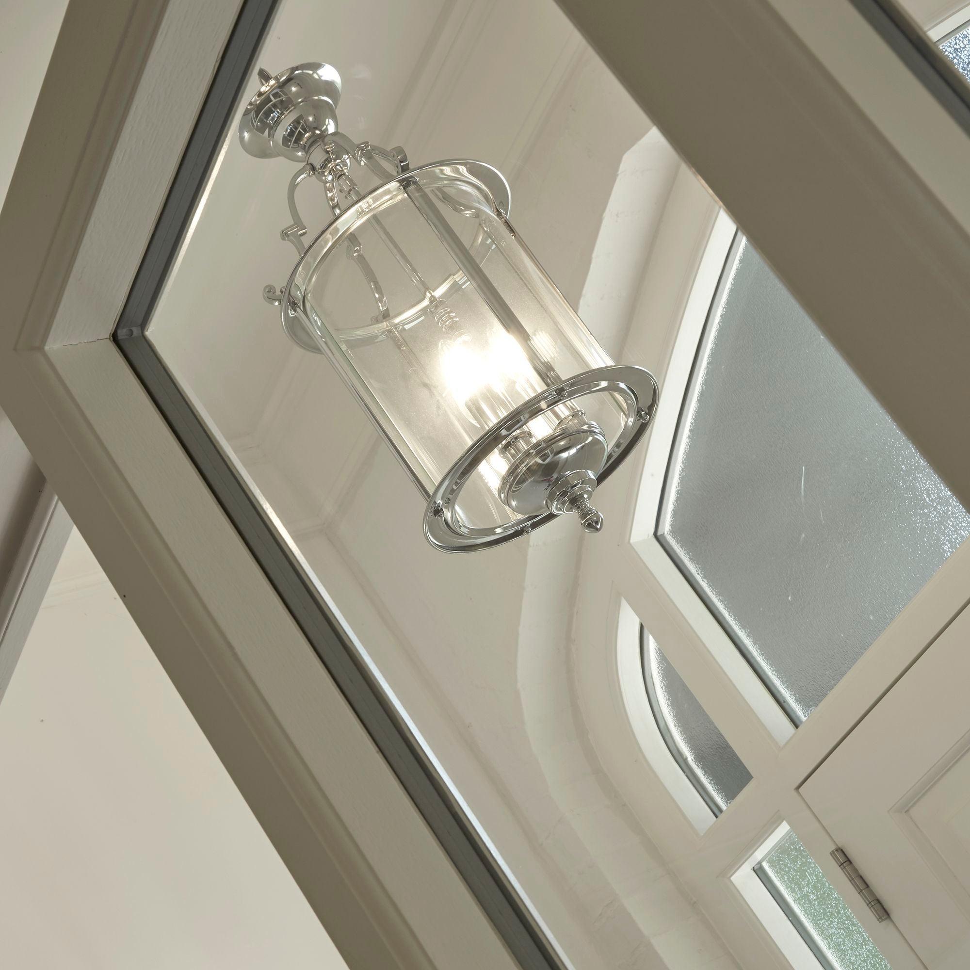 Polished Chrome Bevelled Lantern Ceiling Pendant Light - Modern Dining Room & Entryway Lighting Fixture