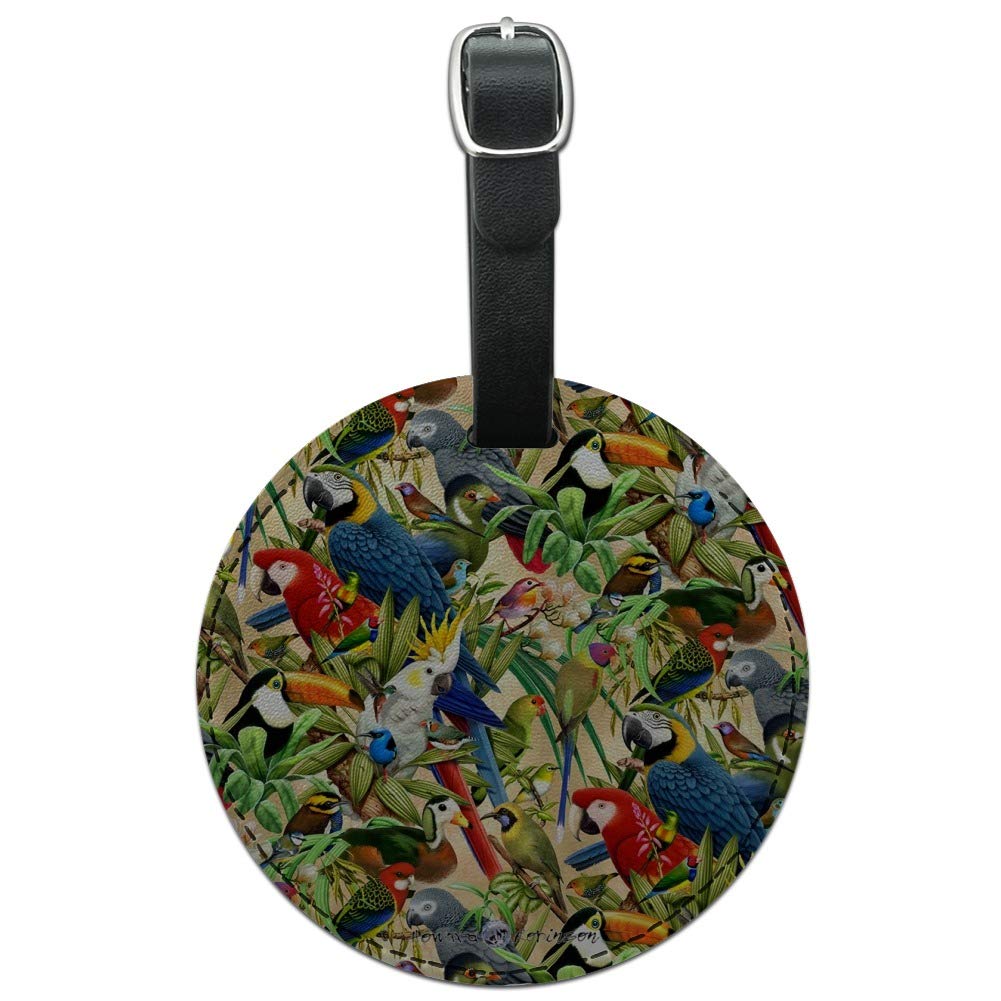 Colorful Tropical Parrot Macaw Pattern Round Leather Luggage Tag - Durable ID Card Holder for Travel Bags, Suitcases & Backpacks - Perfect for Vacation Trips, Air Travel & Cruise Adventures