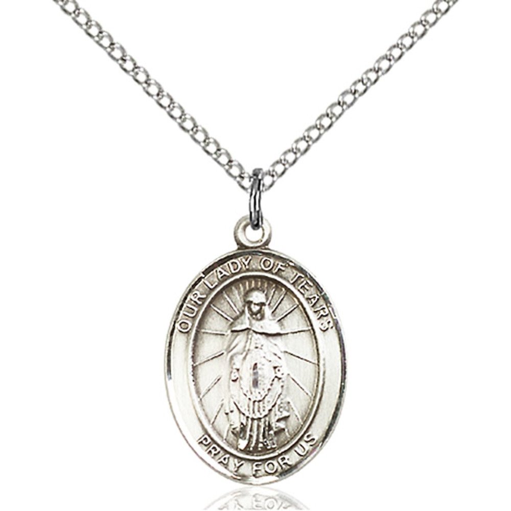 Bonyak Jewelry Our Lady of Tears Sterling Silver Oval Medal Pendant - Handcrafted Religious Necklace for Prayer, Devotion & Catholic Gifts