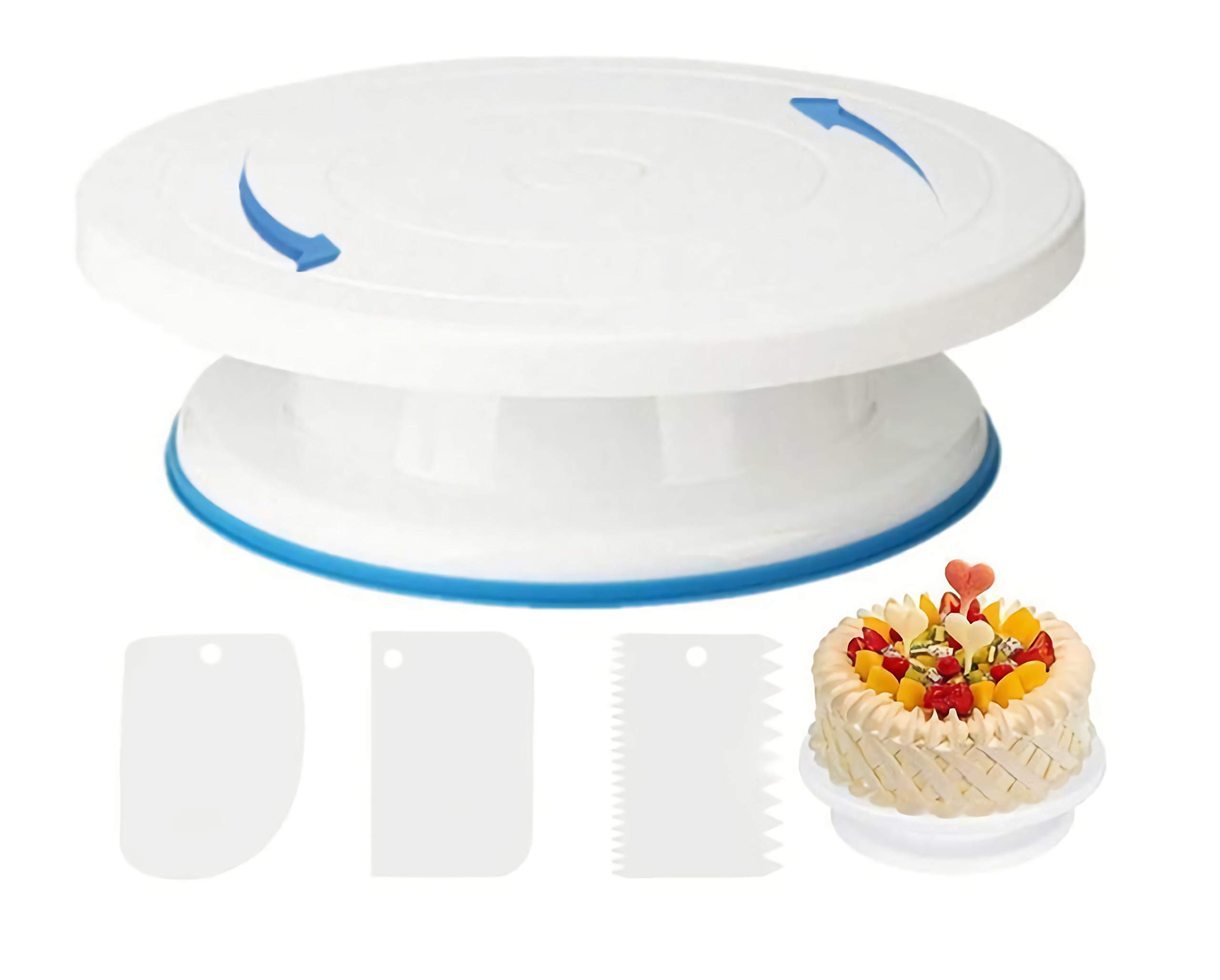 11 Inch Rotating Cake Turntable Stand with 3 Icing Smoothers - Professional Cake Decorating Kit for Baking, Fondant & Buttercream - Perfect for Birthday, Wedding & Home Baking Supplies (White)