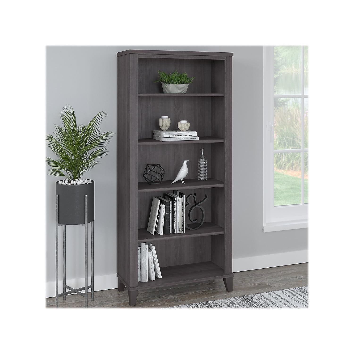 Bush Furniture Somerset Tall 5 Shelf Bookcase in Storm Gray - Modern Bookshelf for Home Office, Living Room & Bedroom Storage Organizer
