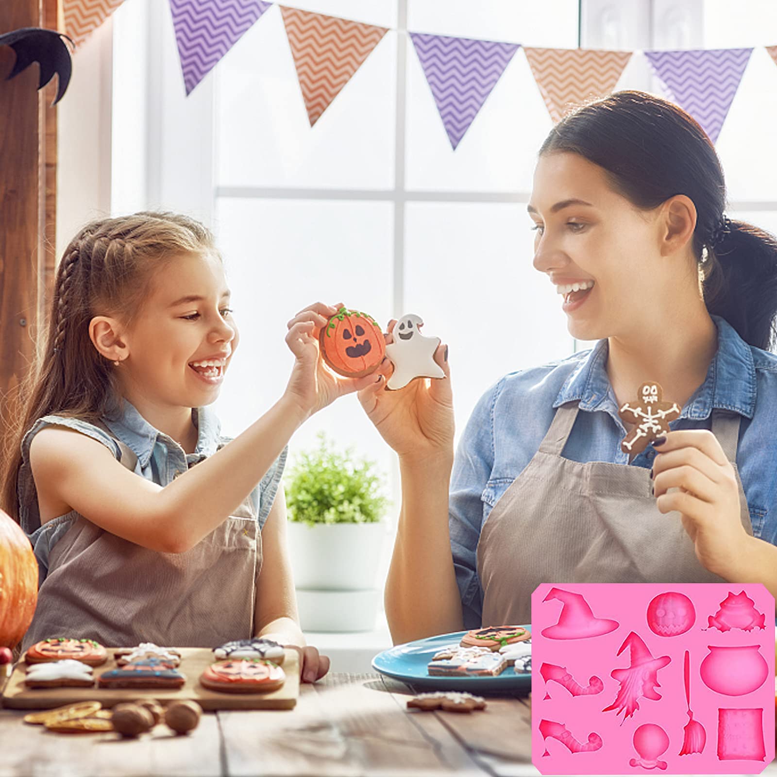 7 Pcs Halloween Fondant Molds Set - Mini Silicone Baking Molds for Chocolate, Candy, Polymer Clay (Skeleton Hand, Skull, Pumpkin, Spider, Ghost, Witch) - Perfect for Halloween Party Cupcake Decorations & DIY Crafts