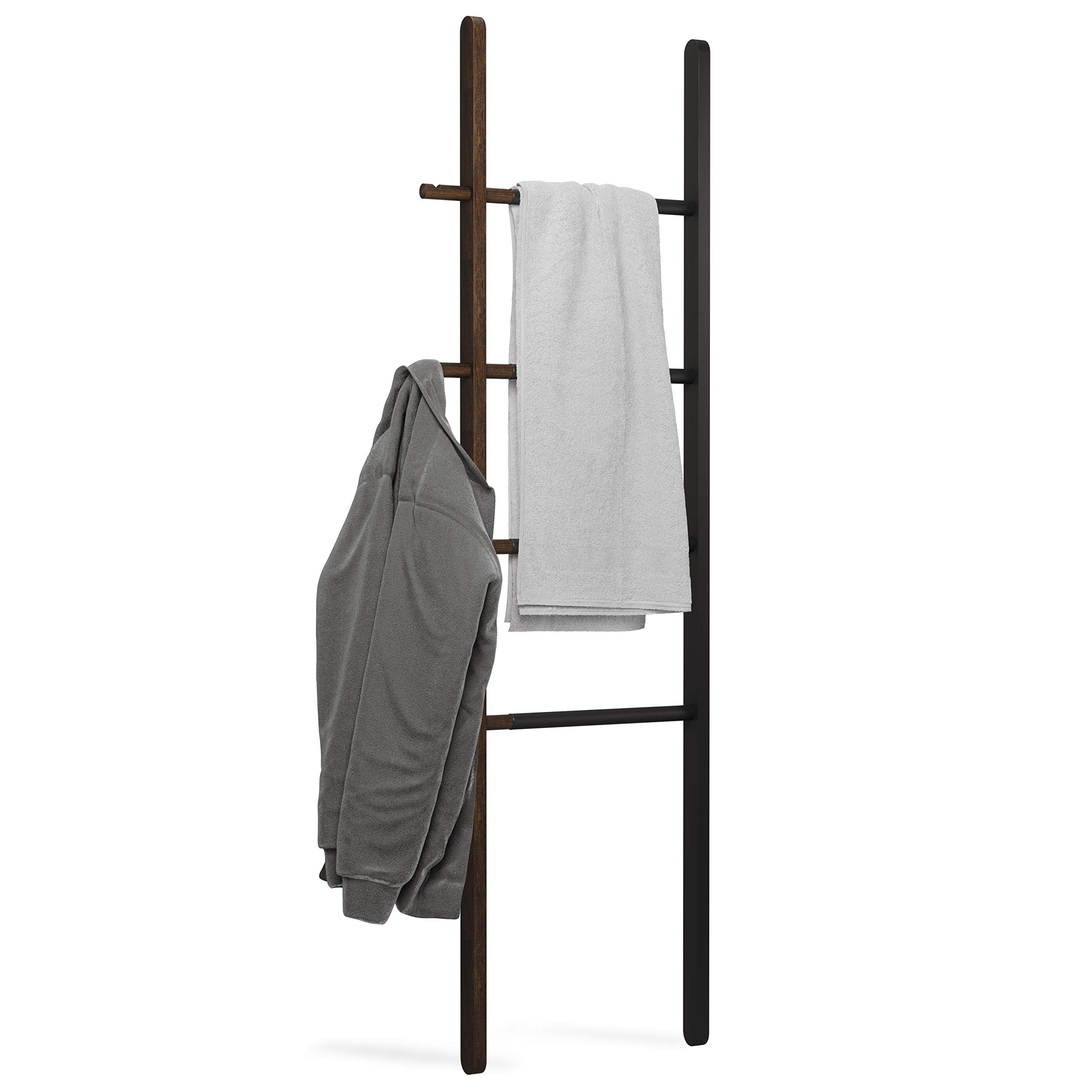 Umbra Hub Ladder - Expandable Freestanding Clothing Rack, Bathroom Towel Holder & Clothes Organizer in Black/Walnut - Perfect for Bedroom, Laundry Room & Small Space Organization