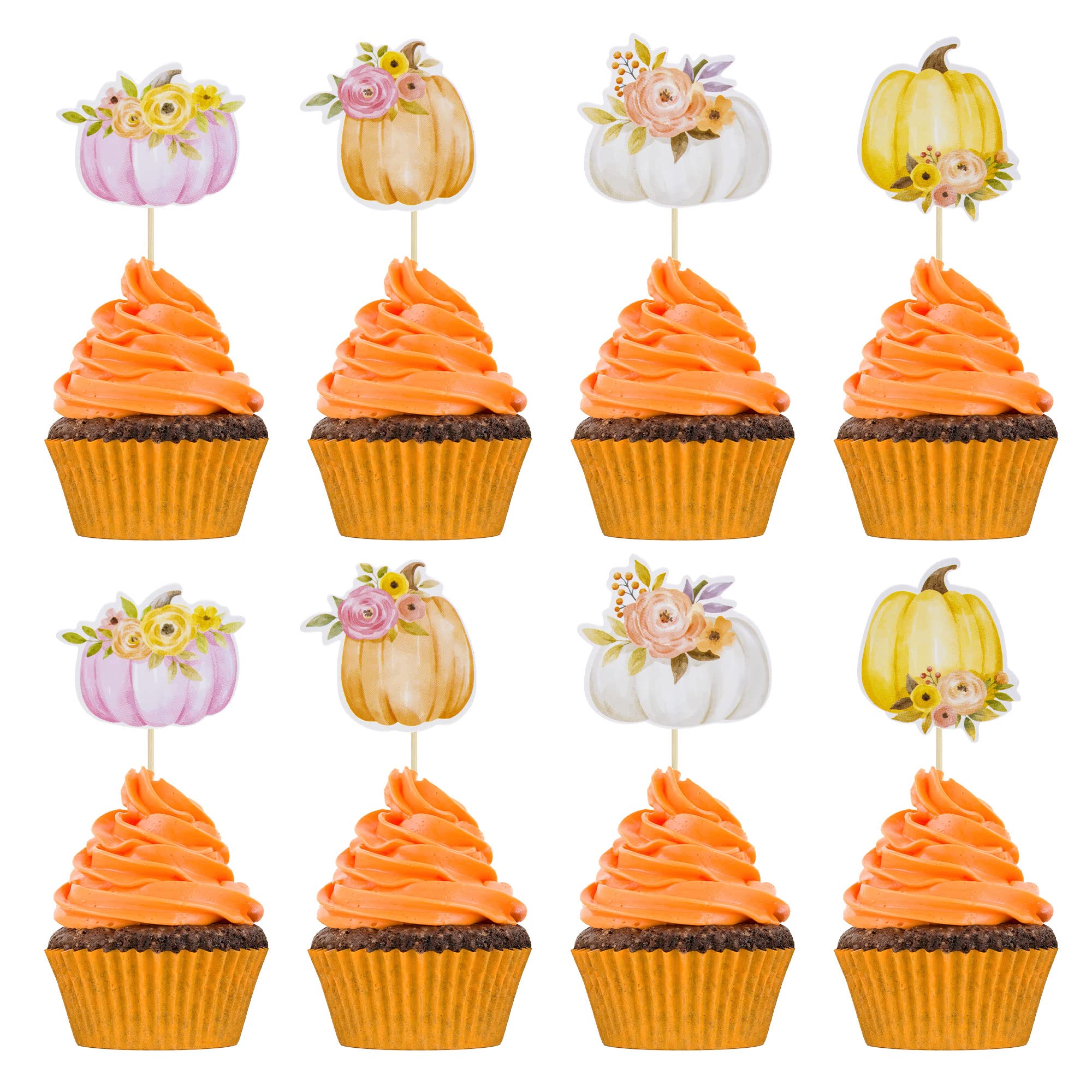 36Pcs Fall Pumpkin Cupcake Toppers - Floral Pumpkin Cake Decorations for Thanksgiving, Baby Shower, Gender Reveal & Girls' Birthday Party | Autumn Harvest Theme Party Supplies