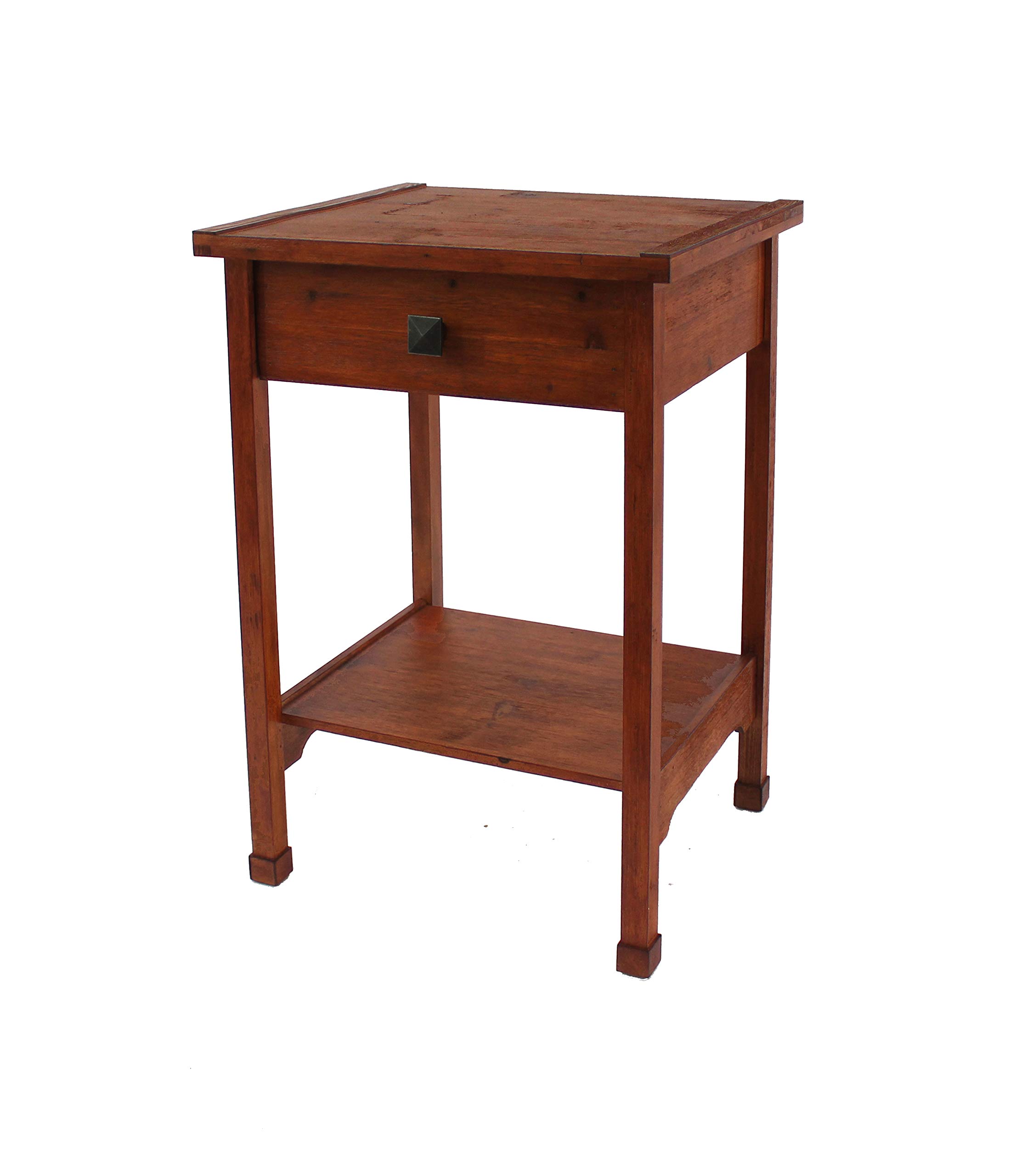 Rustic Wooden End Table with Drawer and Shelf - Solid Oak Side Table for Living Room, Bedroom, or Office - Brown Farmhouse Nightstand with Storage Space