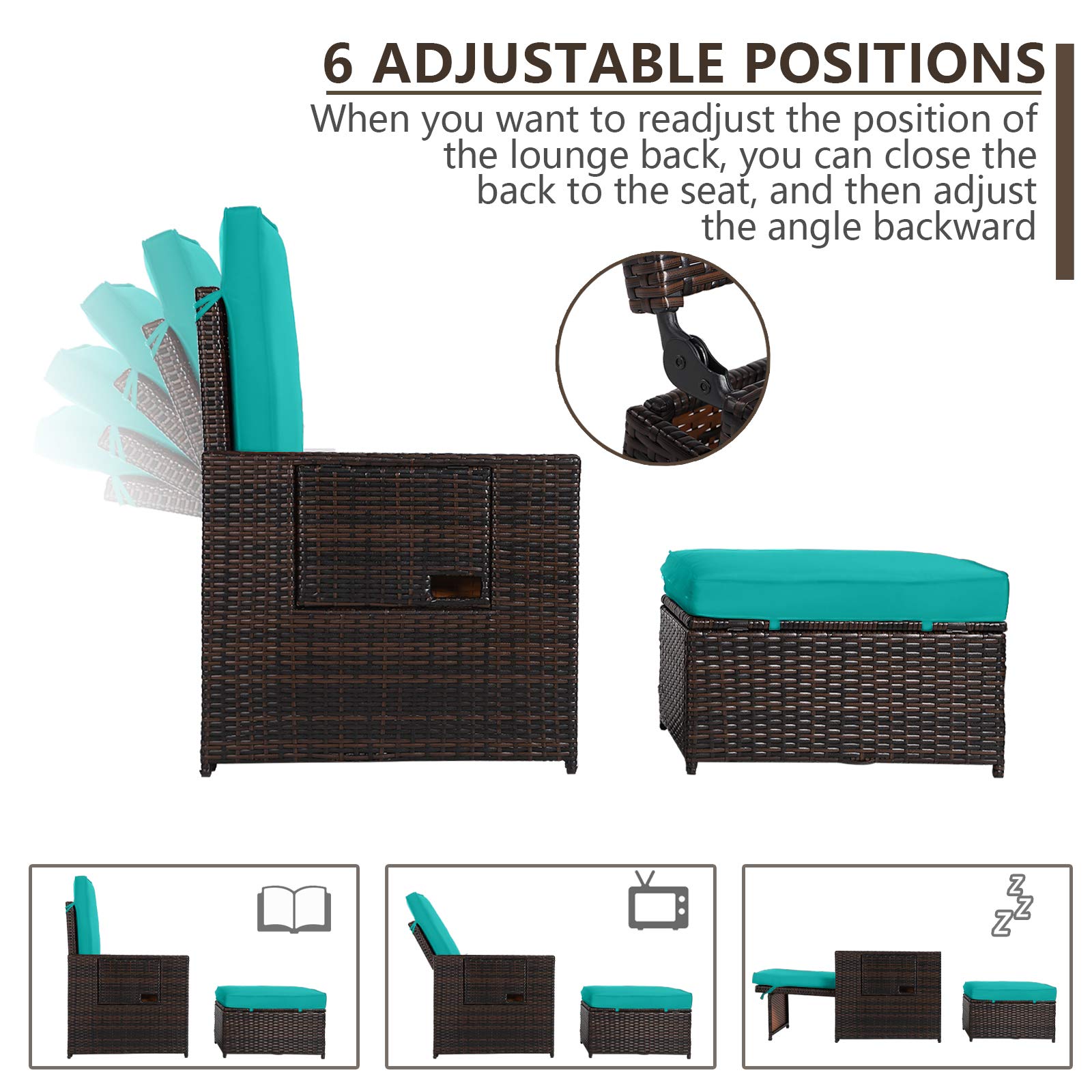 5PCS Outdoor Patio Furniture Set - Wicker Loveseat Sofa with Adjustable Backrest, Coffee Table & Ottoman - Rattan Lounge Chair for Garden, Beach, Poolside, Balcony, Backyard, Deck - Perfect for Relaxing, Entertaining & Outdoor Dining