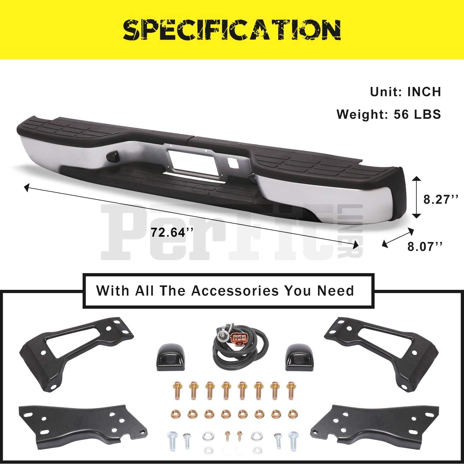 Perfit Liner Rear Silver Step Bumper Assembly for 1999-2007 Chevy Silverado & GMC Sierra 1500/2500 HD | GM1103124 Replacement | Durable Truck Bumper for Off-Road & Towing