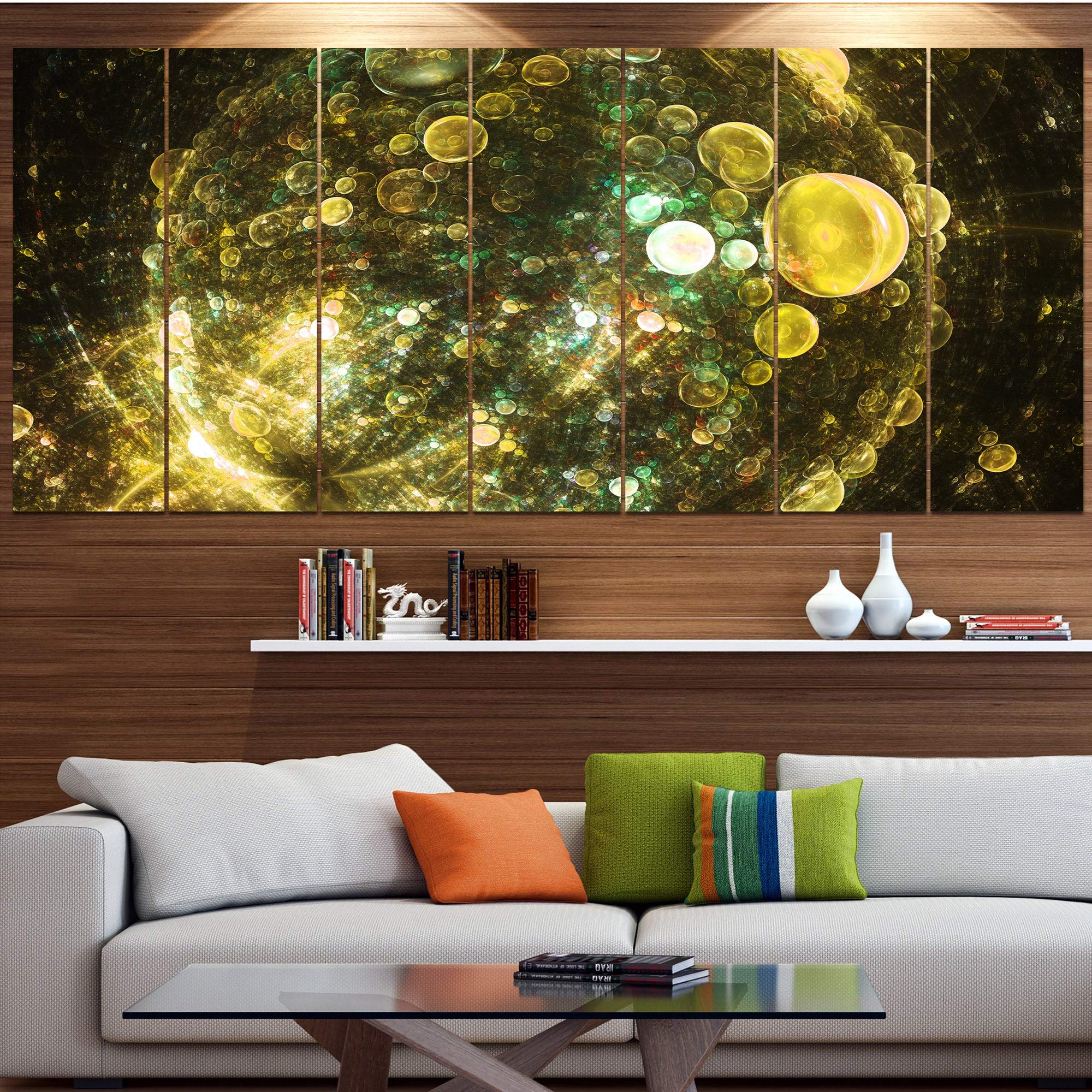 Abstract Wall Art Canvas - DESIGN ART 'Yellow Spherical Planet Bubbles' Painting 48x28 Inch 4-Panel Set for Living Room, Bedroom & Office Decor