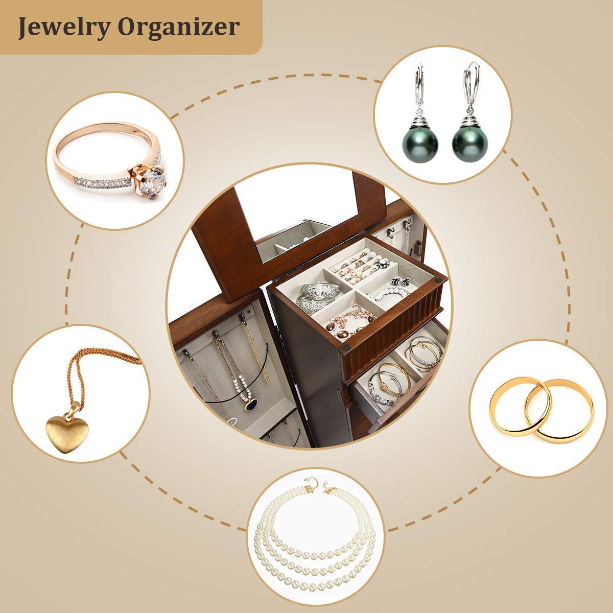 Large Standing Jewelry Armoire Cabinet with 7 Drawers & 2 Doors - Full-Length Mirror, 12 Necklace Hooks & Top Storage Organizer for Jewelry, Makeup & Accessories - Perfect for Bedroom, Dressing Room & Closet Organization