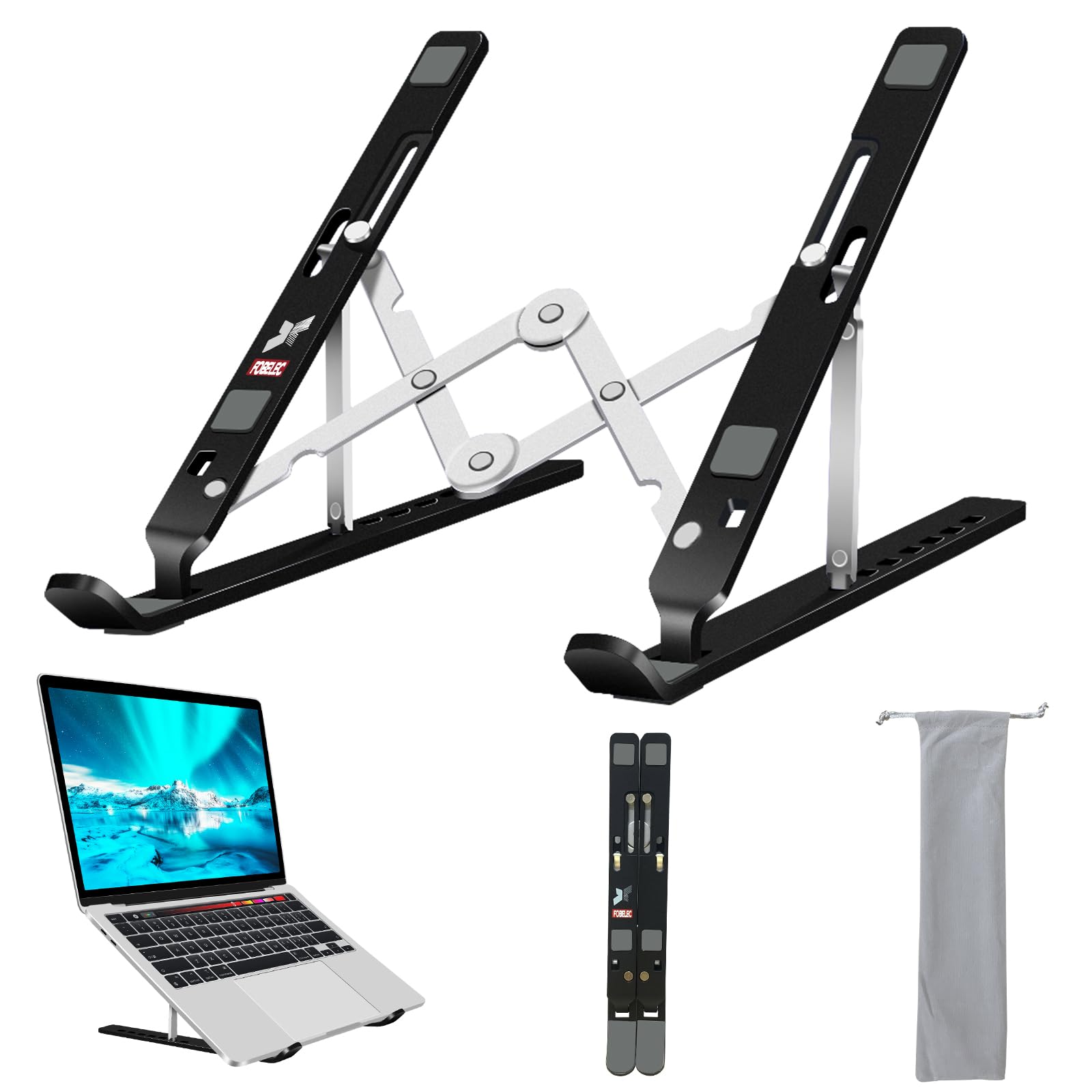 Adjustable Aluminum Foldable Laptop Stand - Portable Computer & Tablet Holder Riser for MacBook Air Pro, Lenovo, HP, Dell, 10-15.6” Devices, Black - Perfect for Home Office, Gaming, and Ergonomic Work Setup